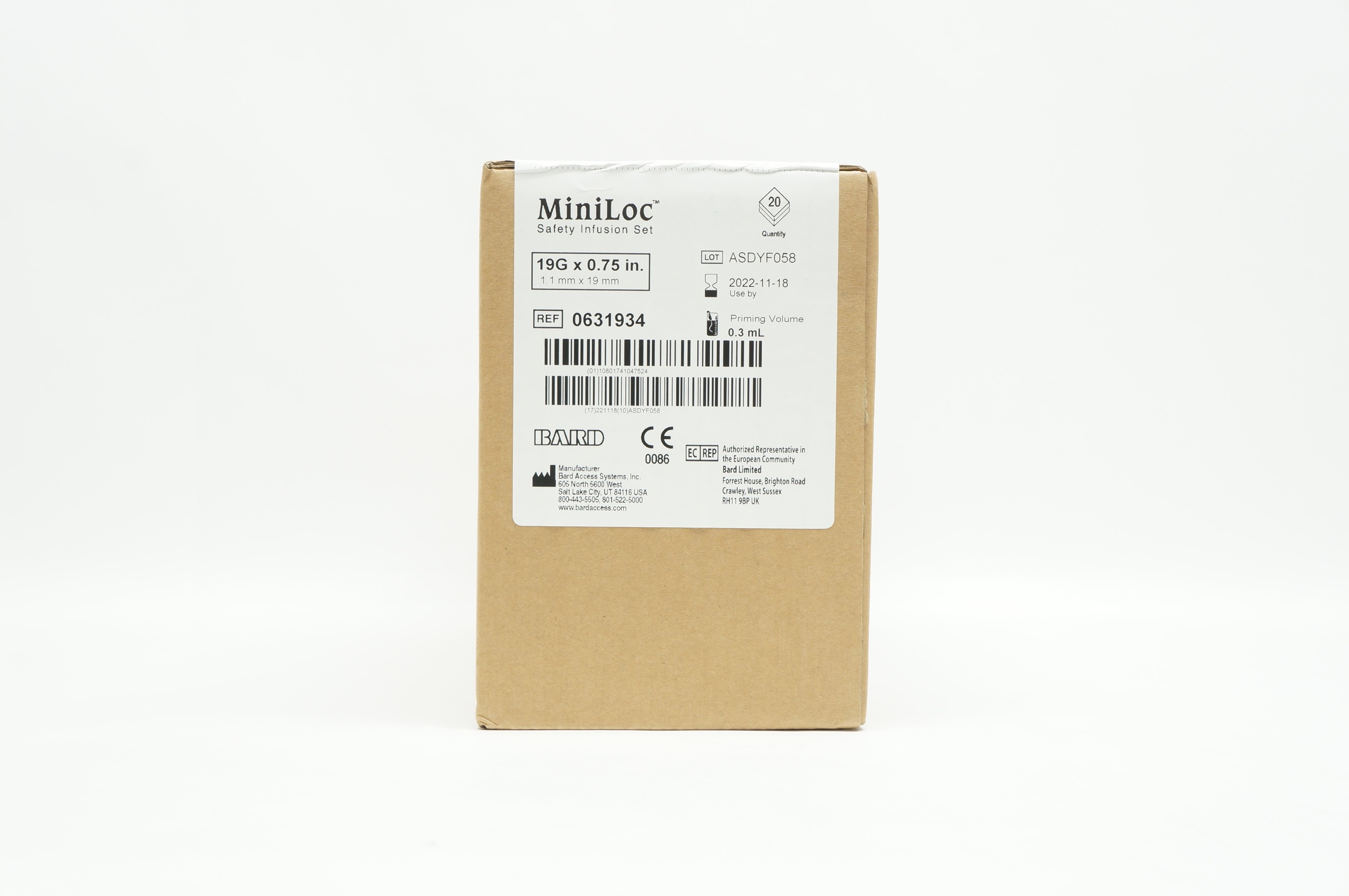 Bard 0631934 Miniloc Safety Infusion Set 19G x 0.75inch - Box of 20
