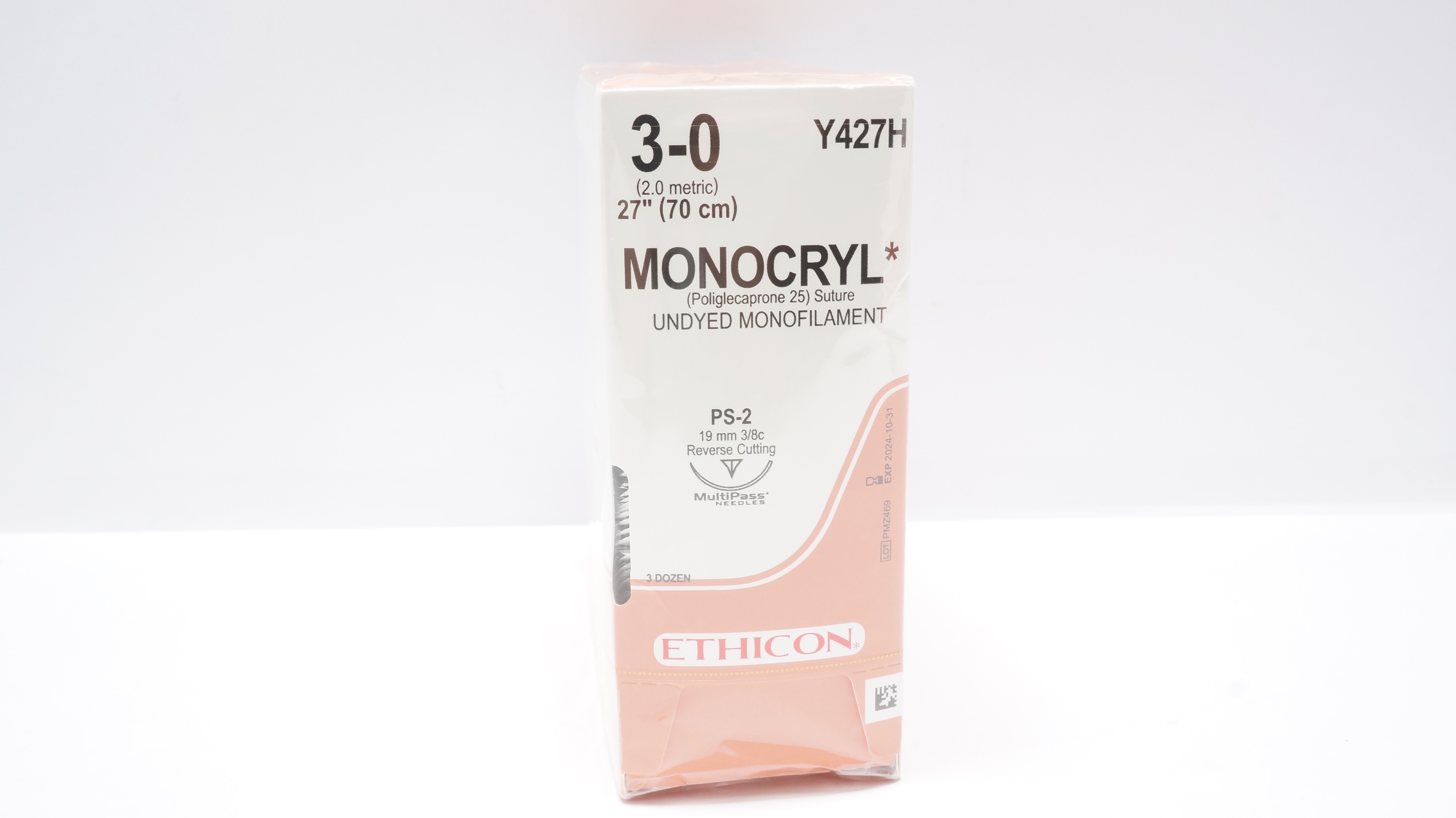 Ethicon Y427H 3-0 Monocryl Stre PS-2 19mm 3/8c Reverse Cutting 27inch -Box of 36