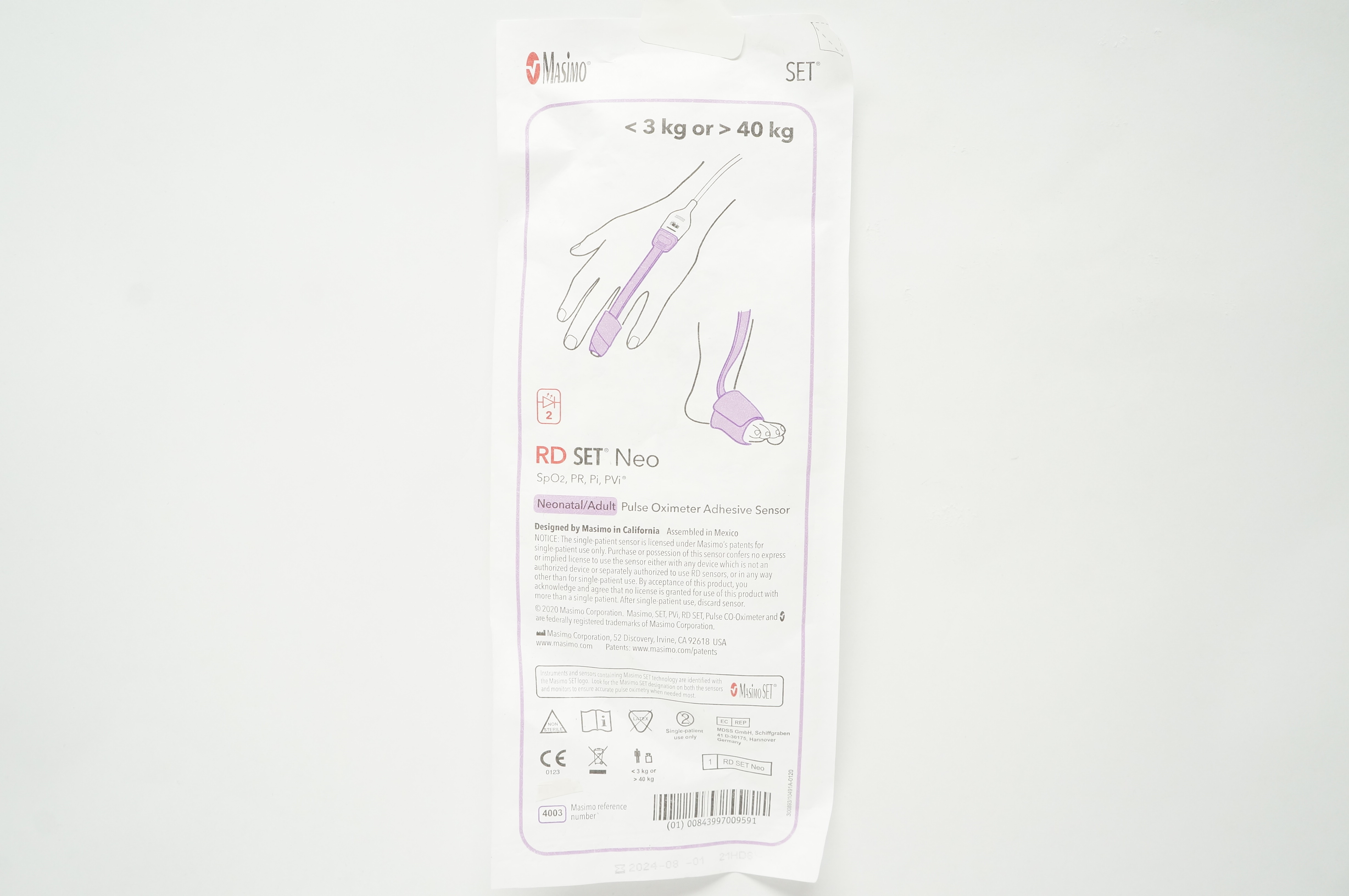 Masimo 4003 RD SET Neonatal/Adult Pulse Oximeter Adhesive Sensor <3kg or>40kg