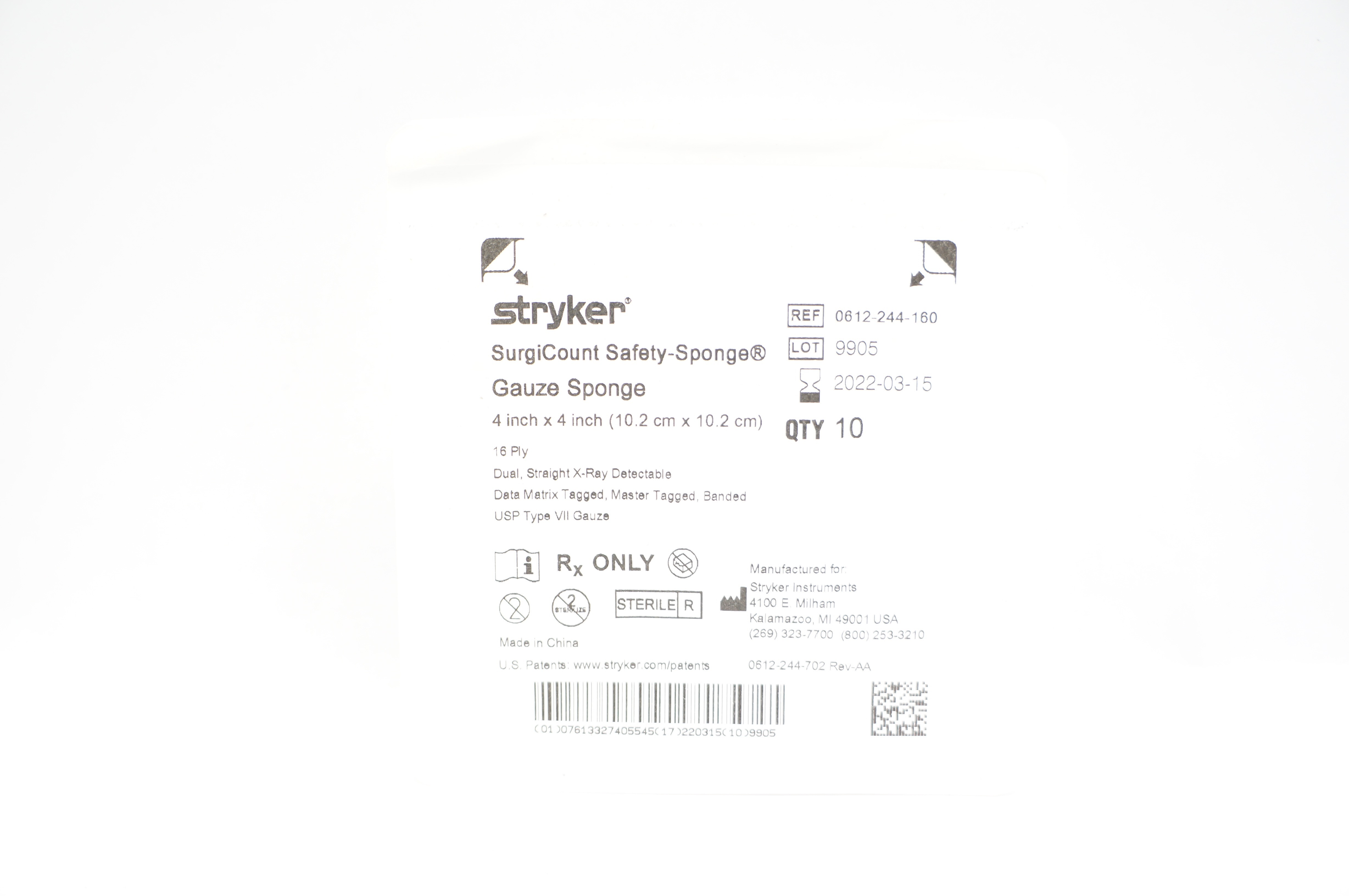 Stryker 0612-244-160 SurgiCount Safety-Sponge 4inch x 4inch - Pack of 10 (x)