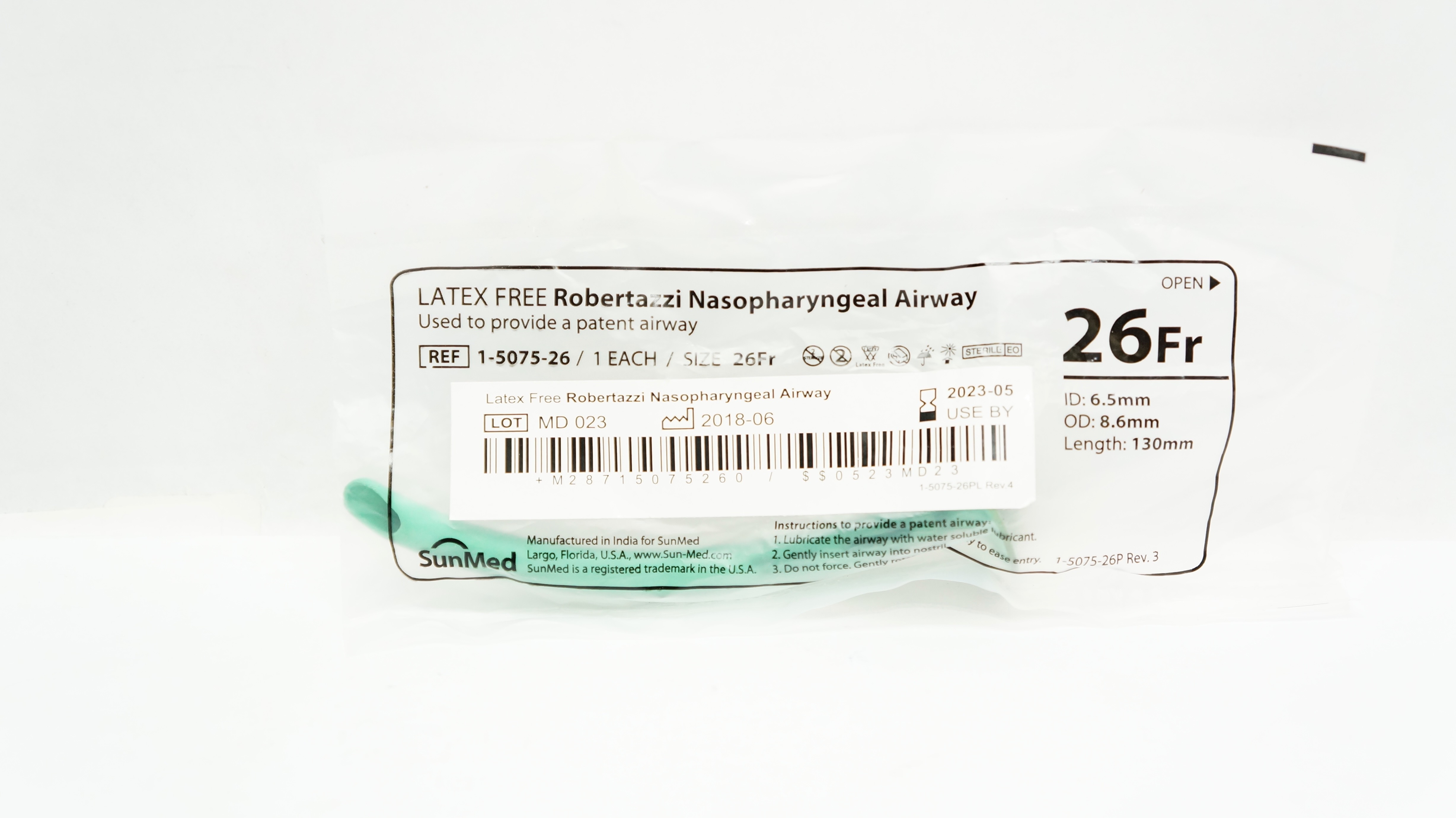 SunMed 1-5075-26 Robertazzi Nasopharyngeal Airway 26Fr x 6.5ID x 8.6OD x 130mm