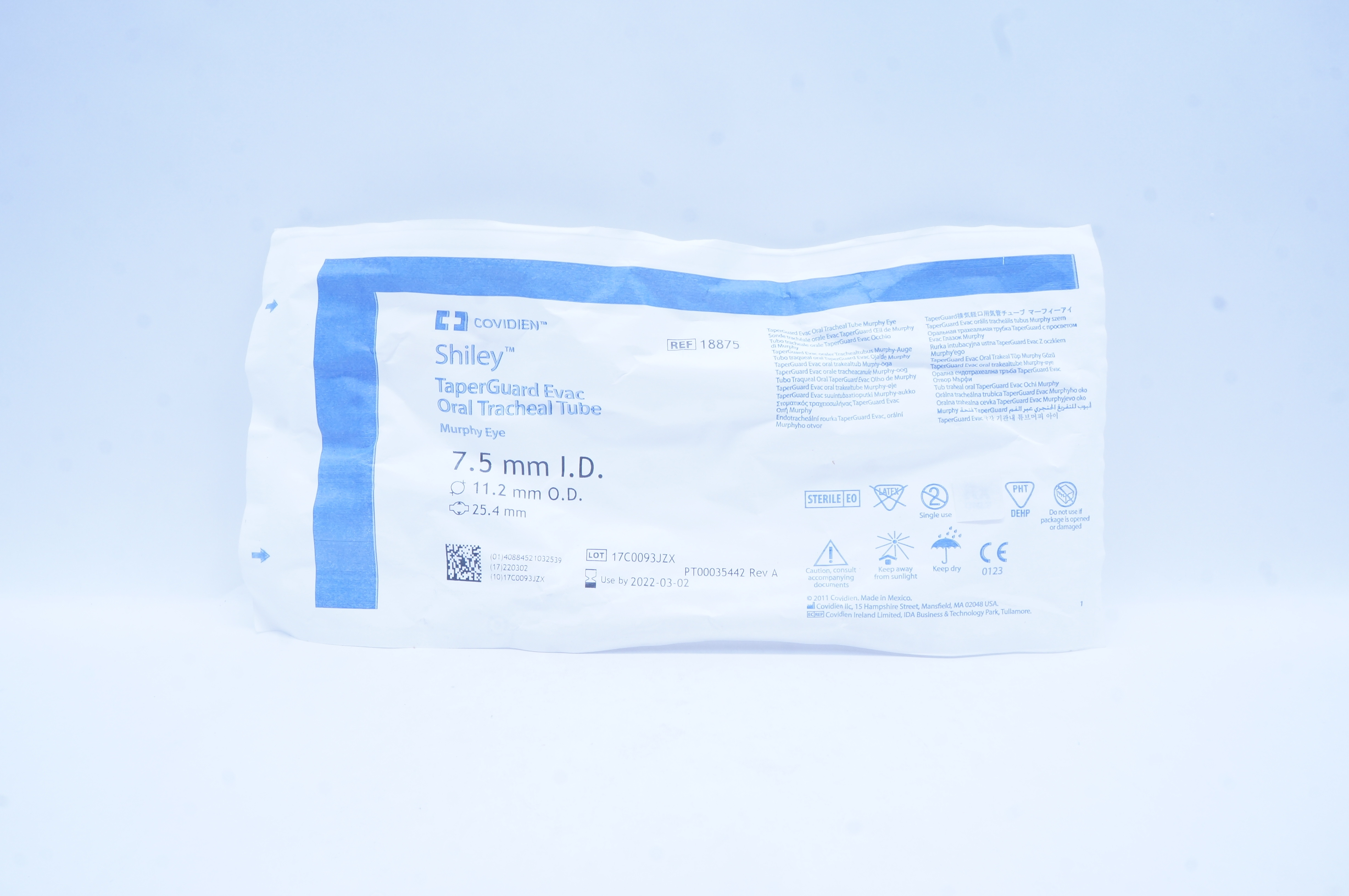 Covidien 18875 Shiley TaperGuard Evac Oral Tracheal Tube 7.5mm ID 11.2mm OD