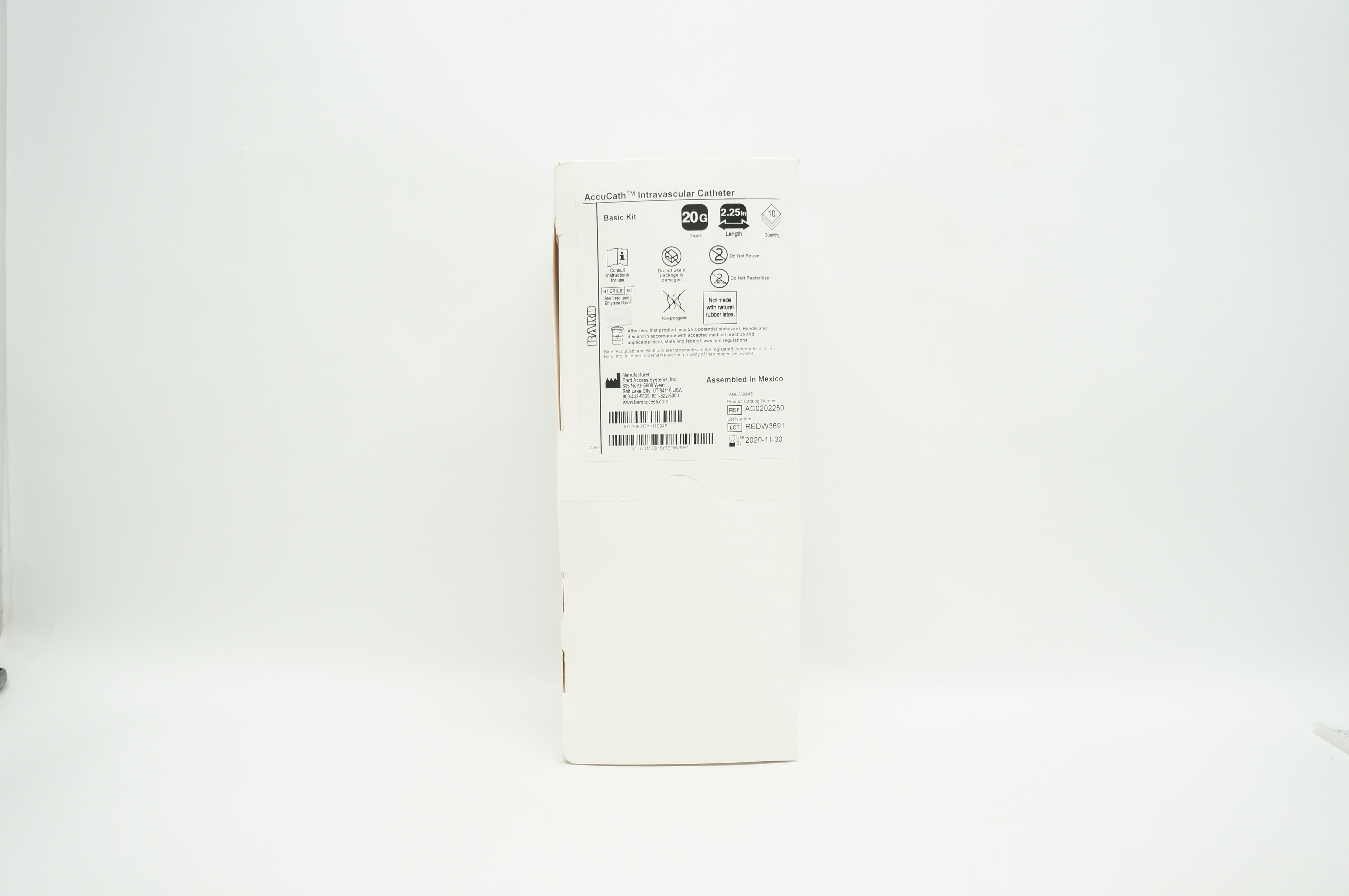 Bard AC0202250 AccuCath Intravascular Cath. 20G x 2.25 inch (x) - Box of 10