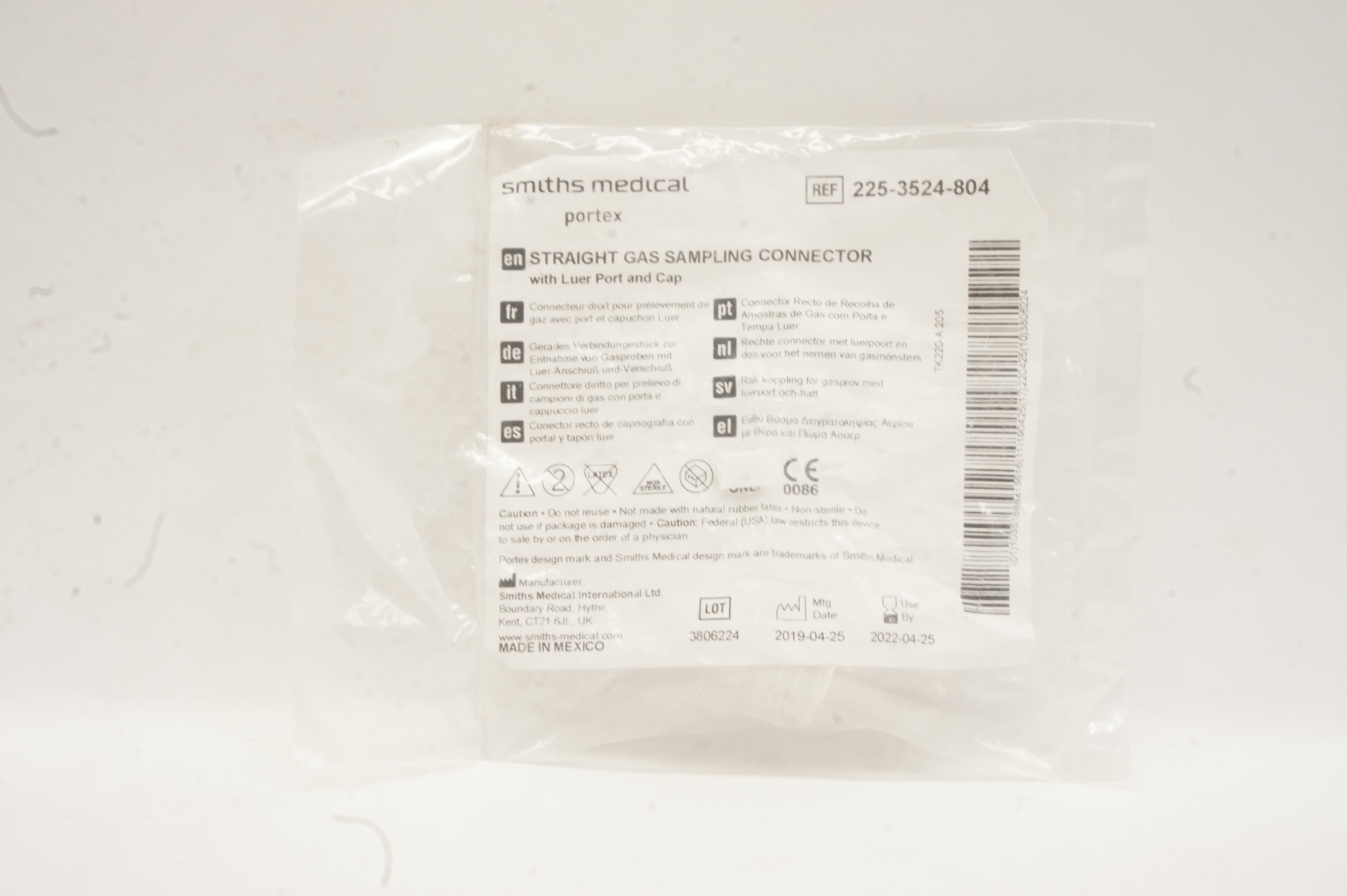 Smiths Medical 225-3524-804 Straight Gas Sampling Connector w/Luer Port & Cap(x)