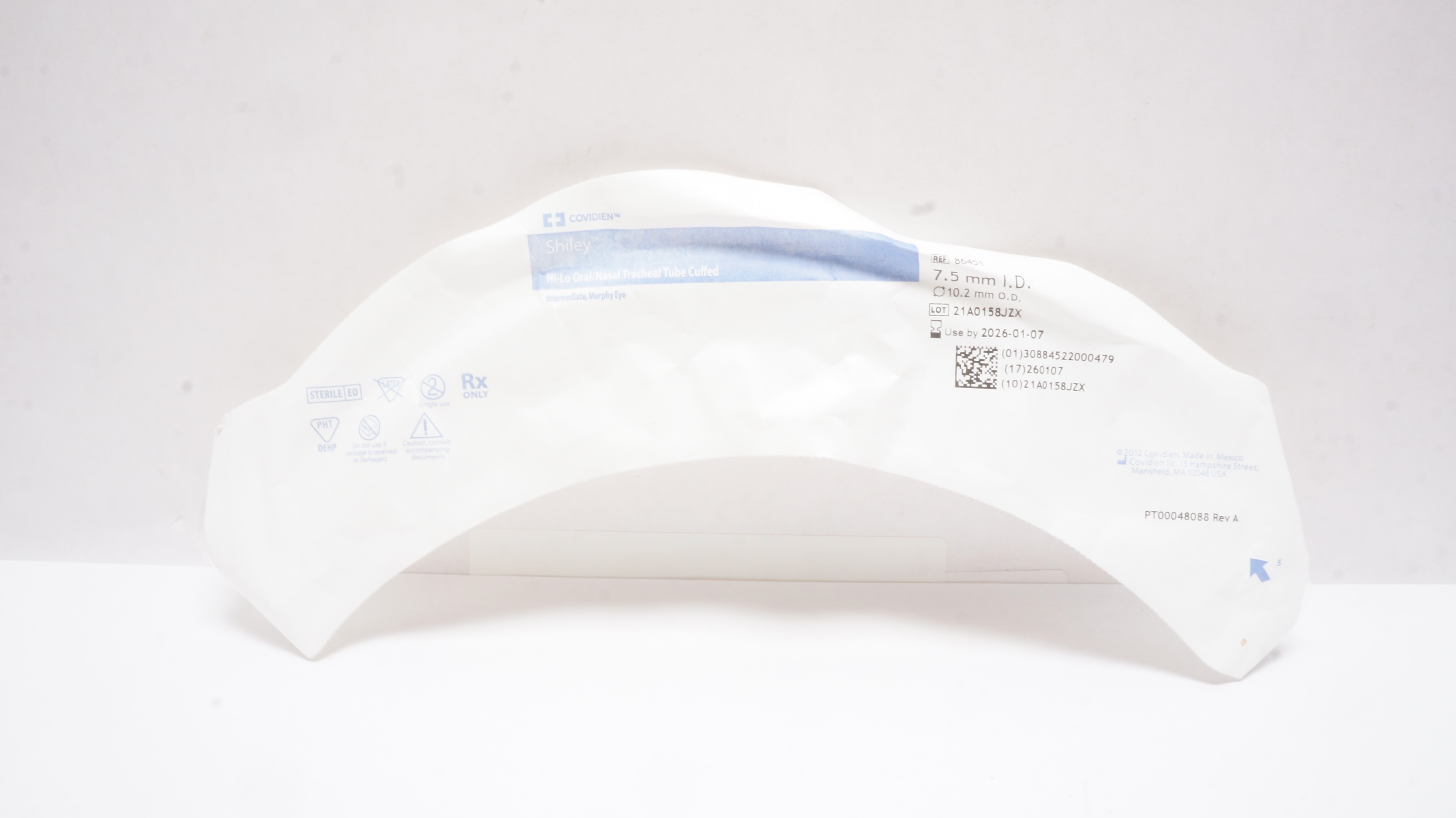 Covidien 86451 Shiley Hi-Lo Oral/Nasal Tracheal Tube Cuffed 7.5mm ID x 10.2mm OD