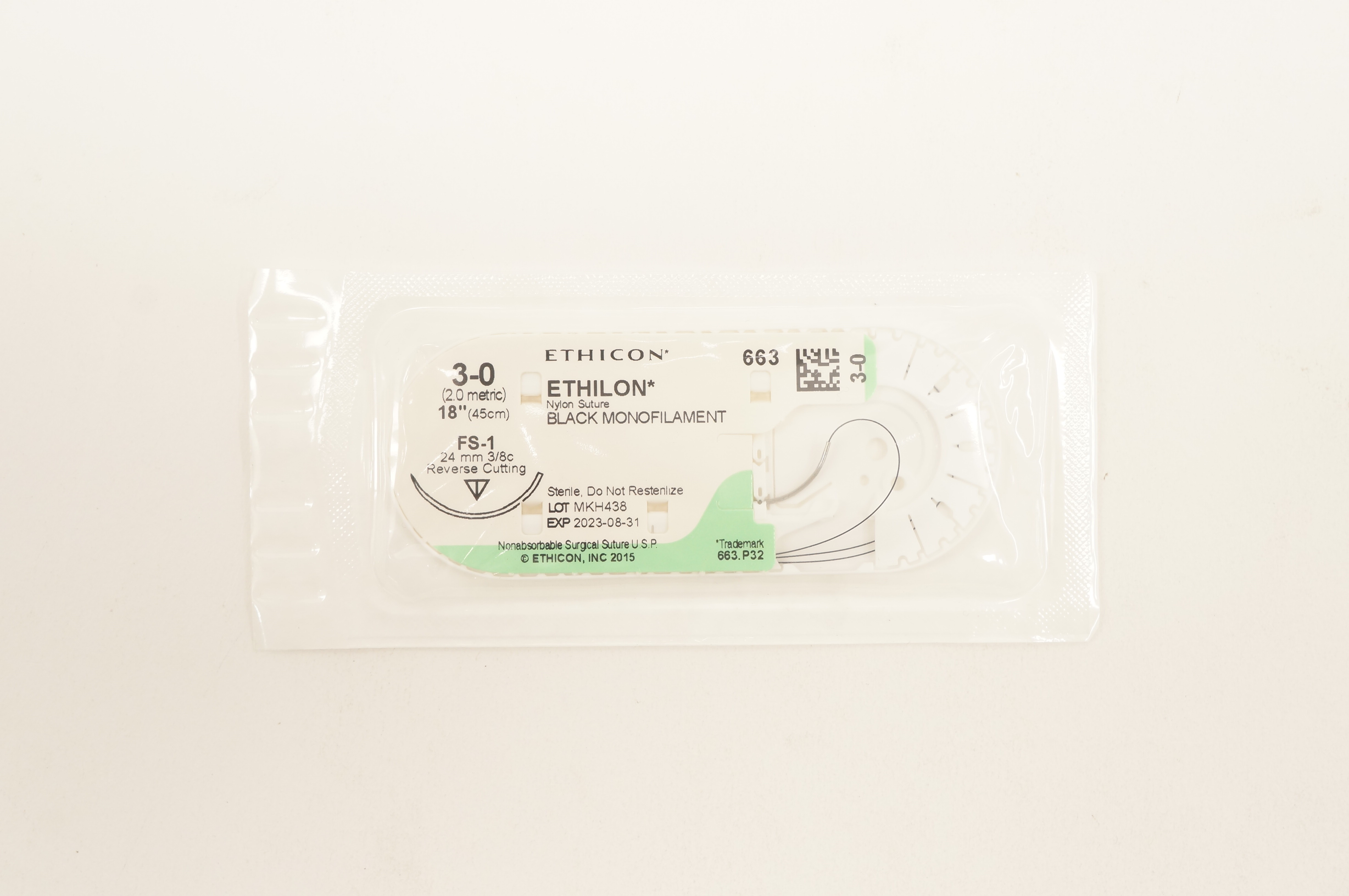 Ethicon 663 3-0 Ethilon Nylon Stre FS-1 24mm 3/8c Reverse Cutting, 18inch