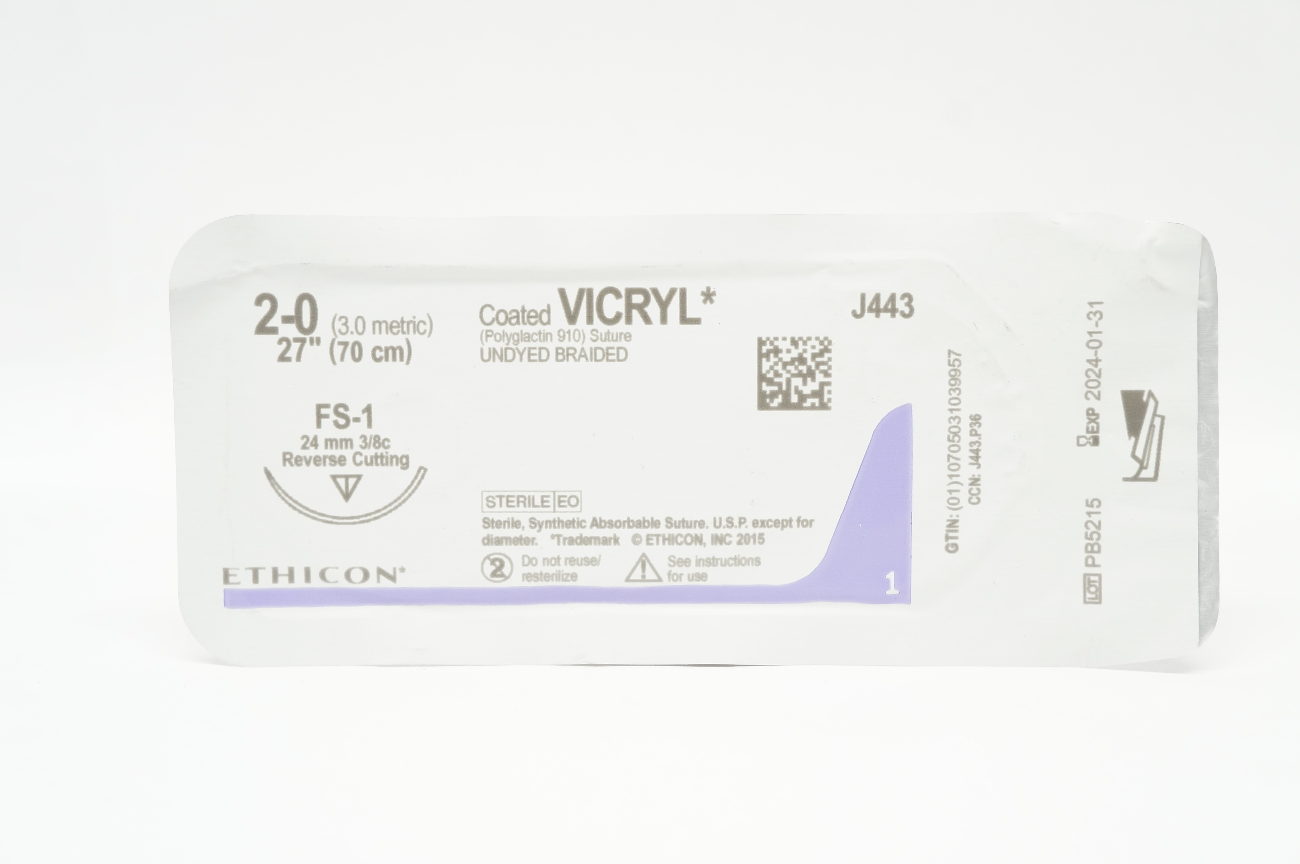 Ethicon J443 2-0 Coated VICRYL Stre FS-1 24mm 3/8c Reverse Cutting 27 inch (x)