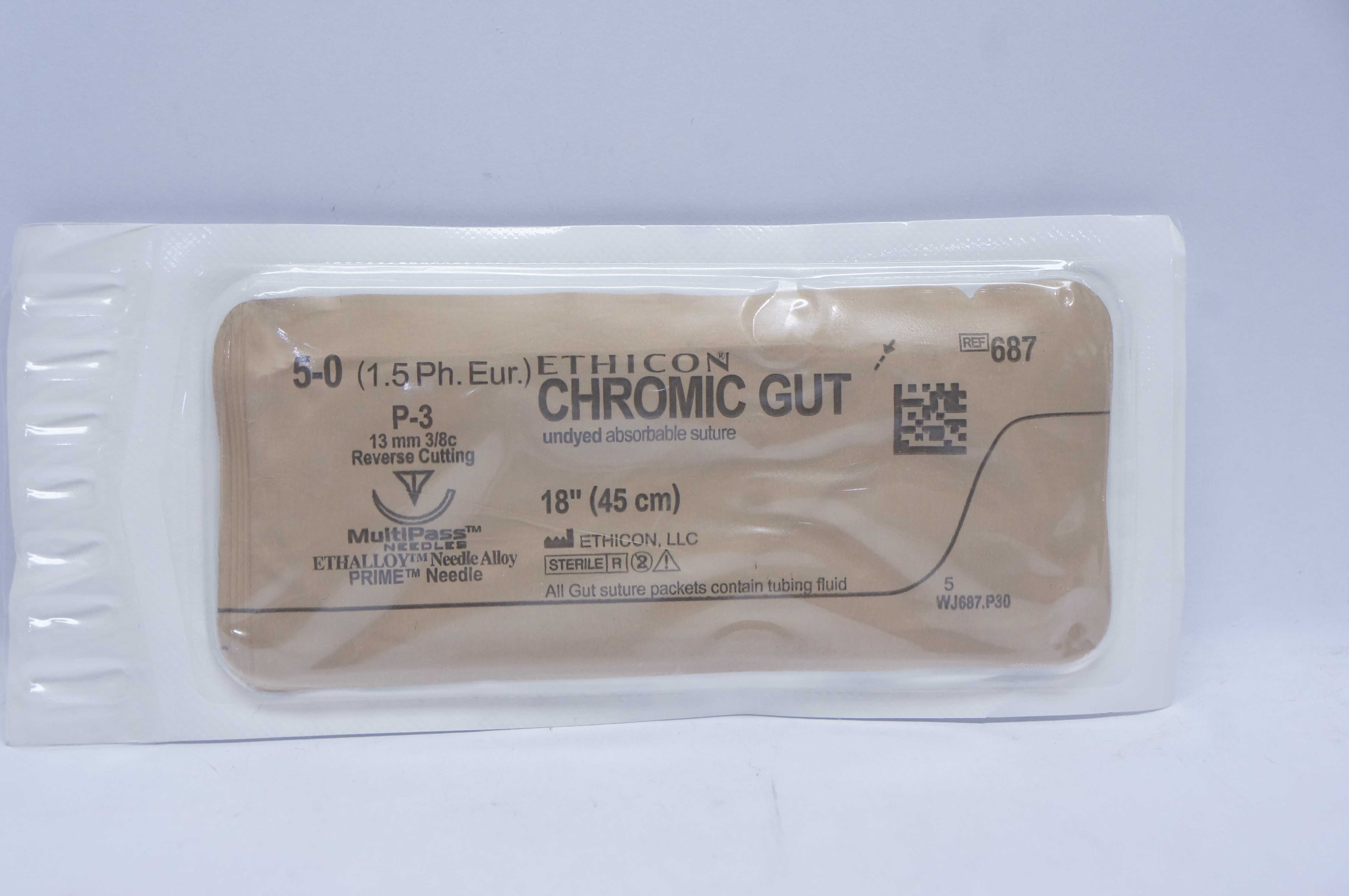 Ethicon 687 5-0 CHROMIC GUT, P-3, 13mm 3/8c Reverse Cutting, 18inch