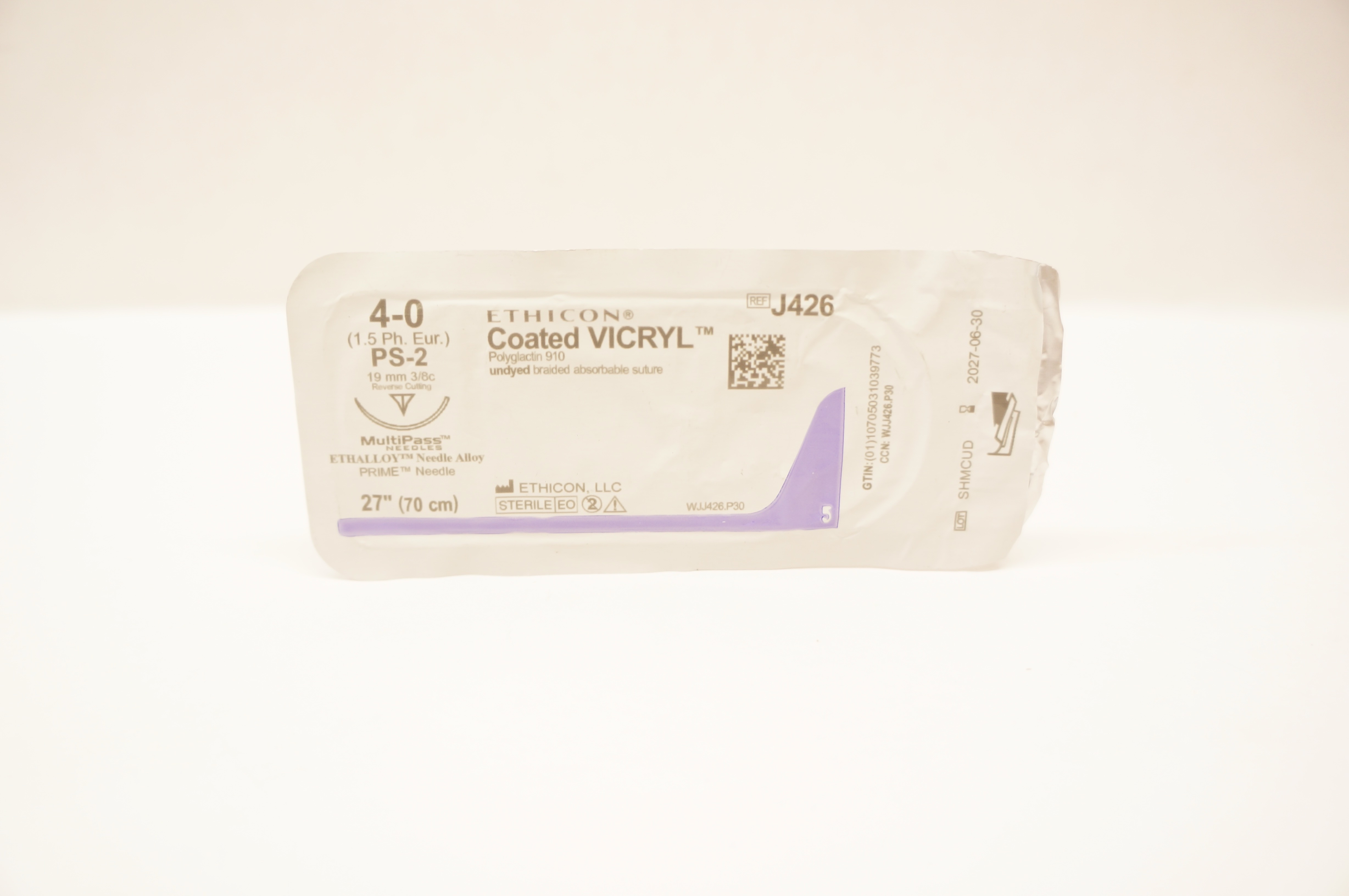 Ethicon J426 4-0 Coated VICRYL, PS-2, 19mm 3/8c Reverse Cutting, 27inch