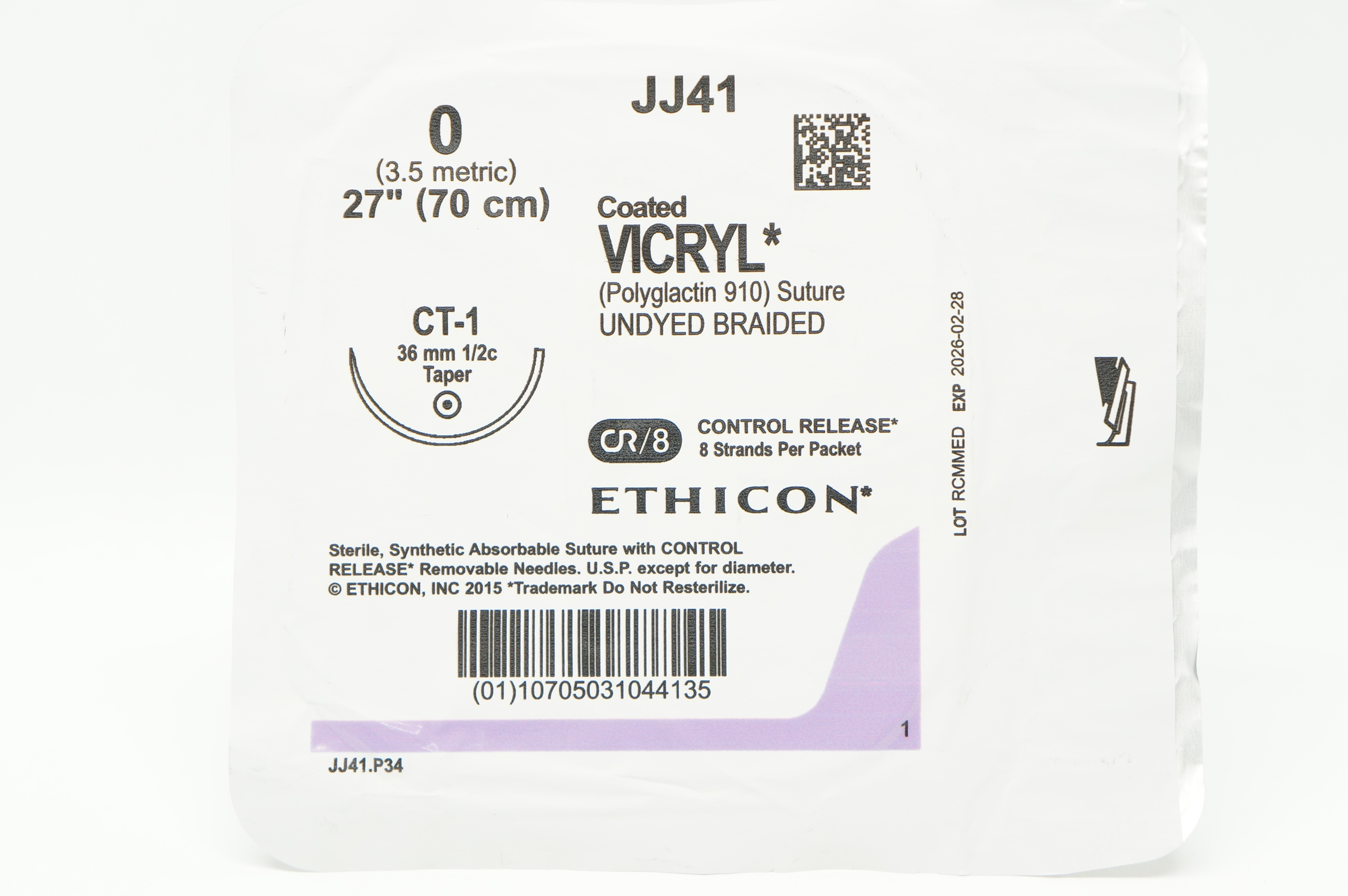 Ethicon JJ41 0 Coated VICRYL Stre CT-1 36mm 1/2c Taper 27inch