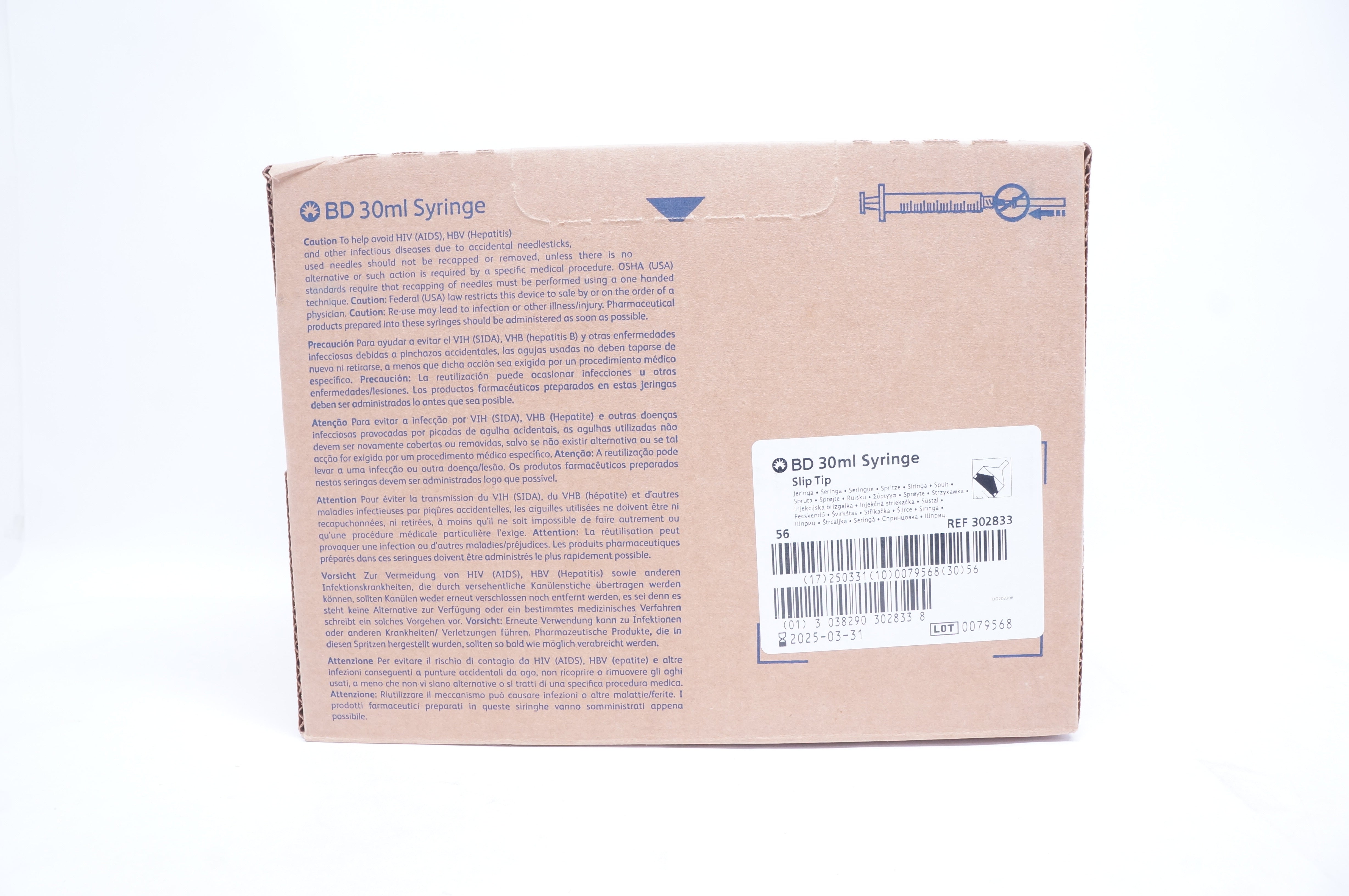 BD 302833 30 ml Syringe Slip Tip - Box of 56