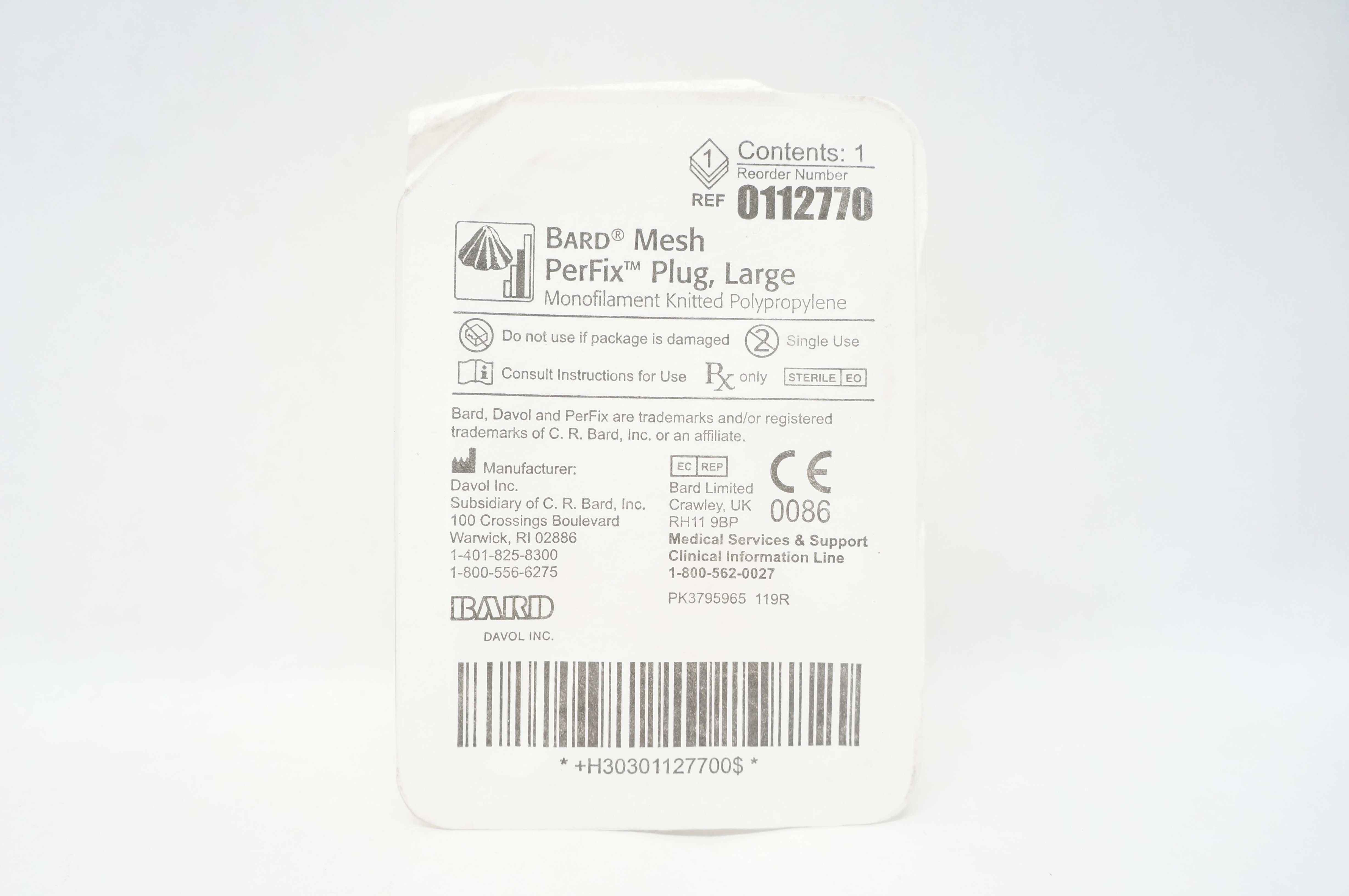 Bard 0112770 Mesh PerFix Plug Monofilament Knitted Polypropylene L (x)