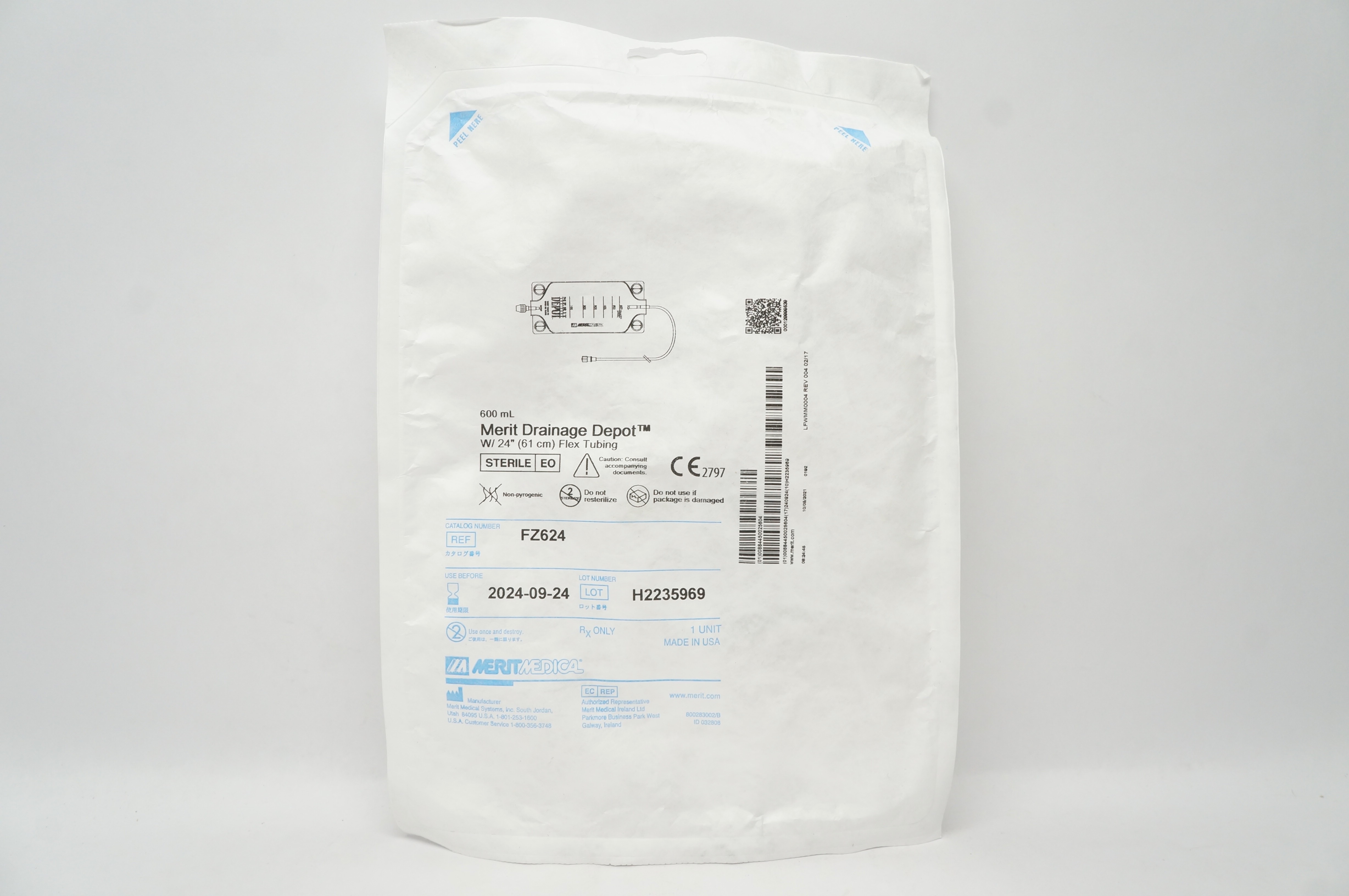 Merit Medical FZ624 Drainage Depot 600ml with 24 inch Flex Tubing
