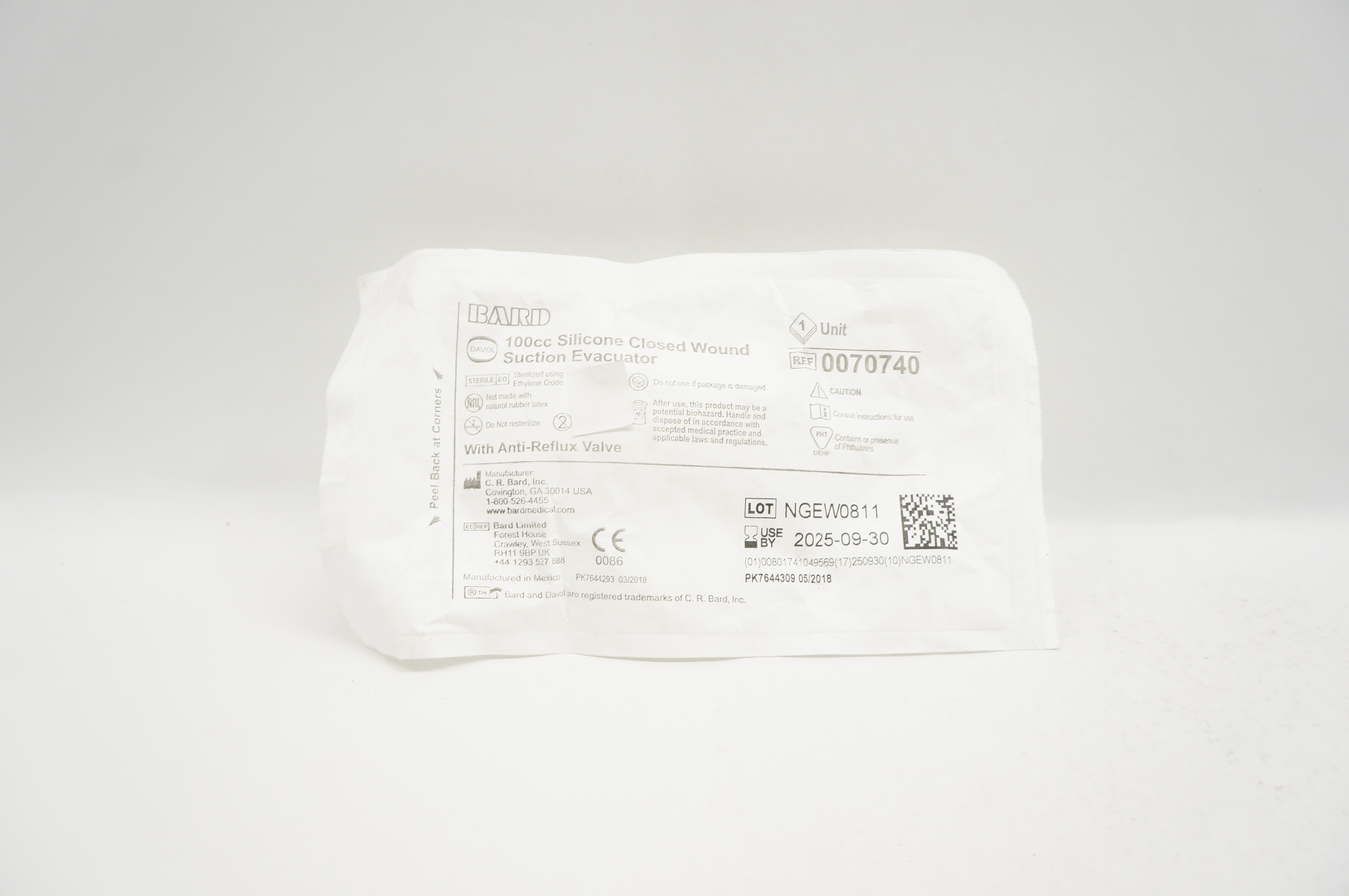 Bard V0070740 Novaplus 100cc Silicone Closed Wound Suction Evacuator
