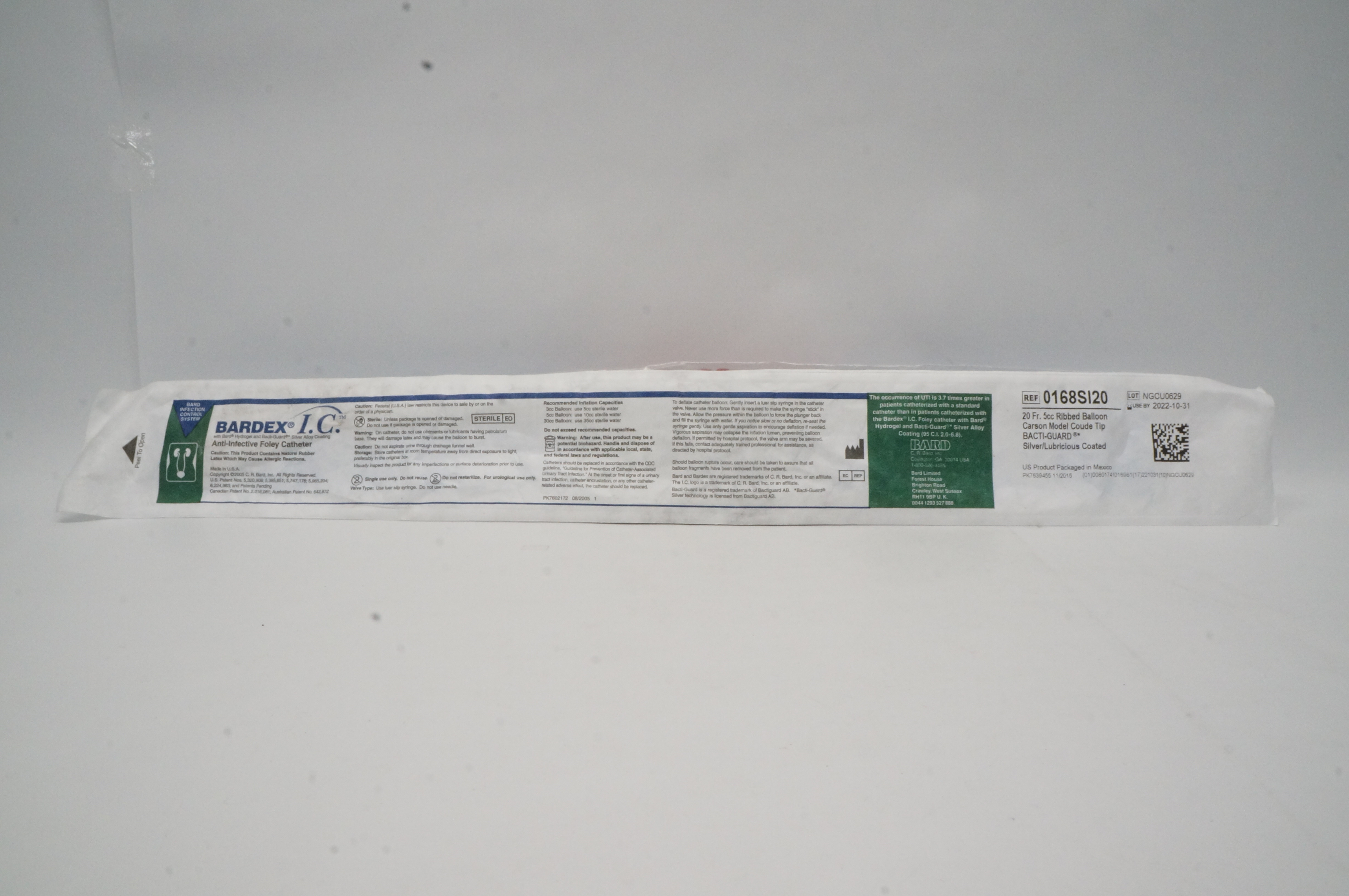 Bard 0168SI20 Bardex I.C. Anti-Infective Foley Cath. 20Fr, 5cc Ribbed Balloon