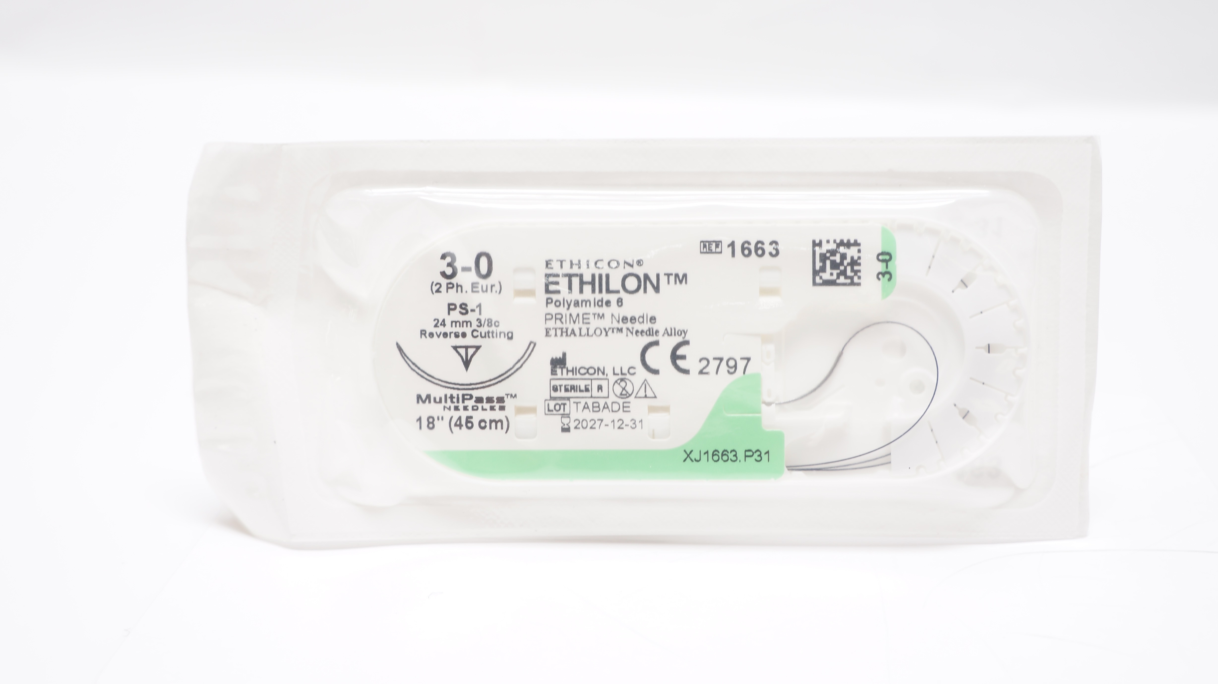Ethicon 1663 3-0 ETHILON Polyamide 6 Stre PS-1 24mm 3/8c Reverse Cutting, 18inch
