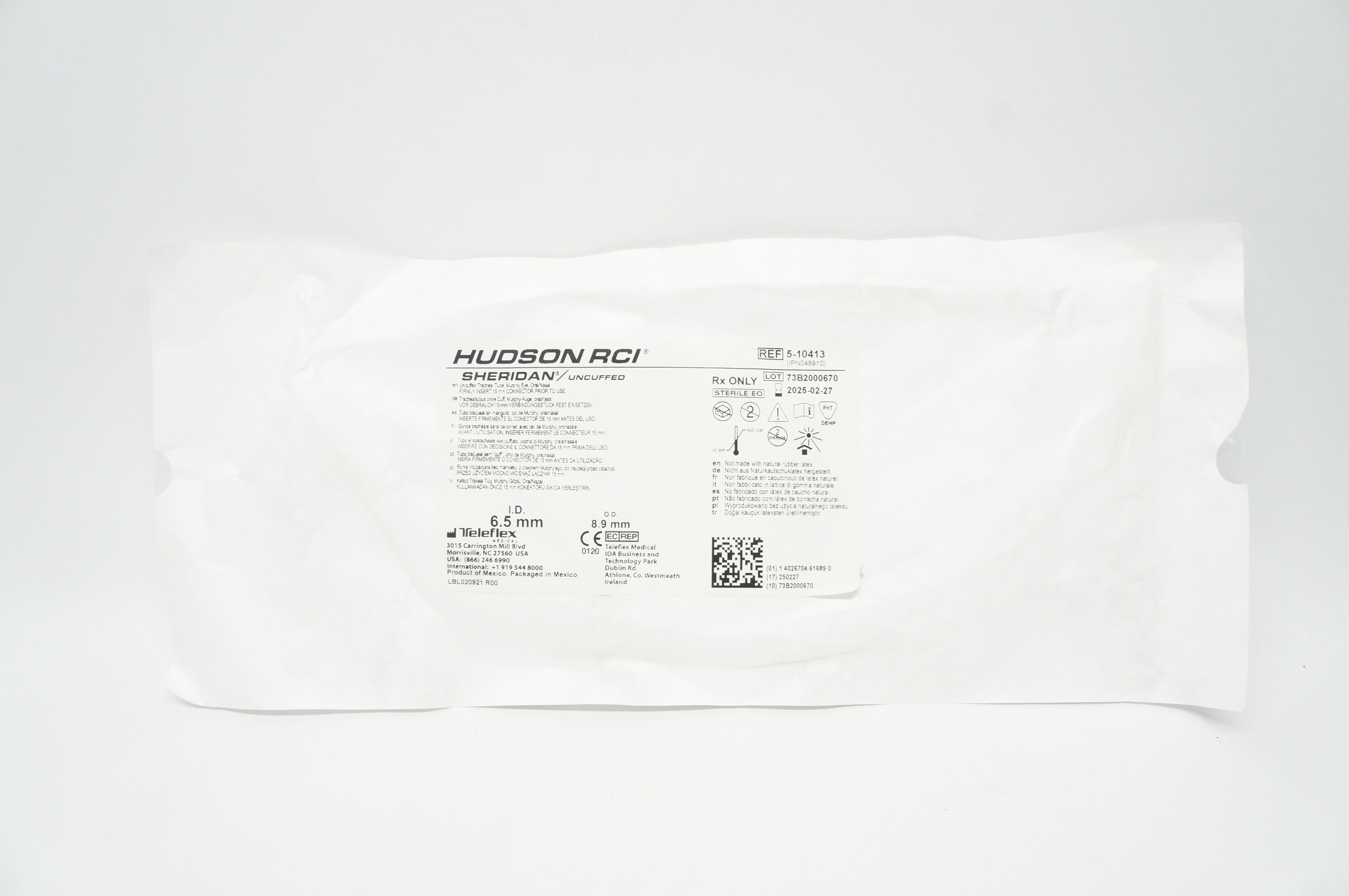 Teleflex 5-10413 Hudson RCI Sheridan Uncuffed Tracheal Tube 6.5mm ID x 8.9mm OD