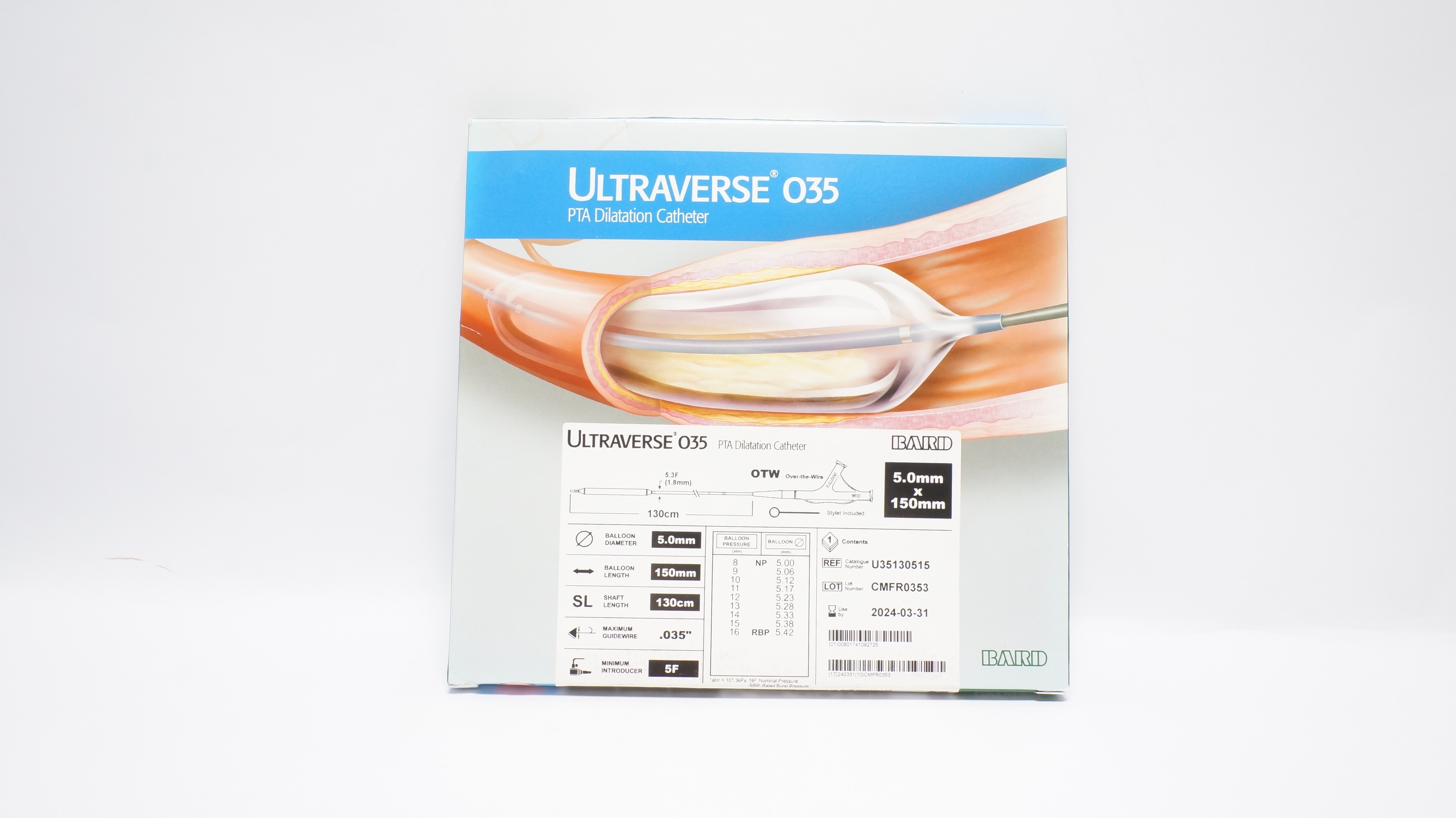Bard U35130515 Ultraverse 035 PTA Dilatation Cath. 5F, 5.0mm x 150mm x 130cm (x)