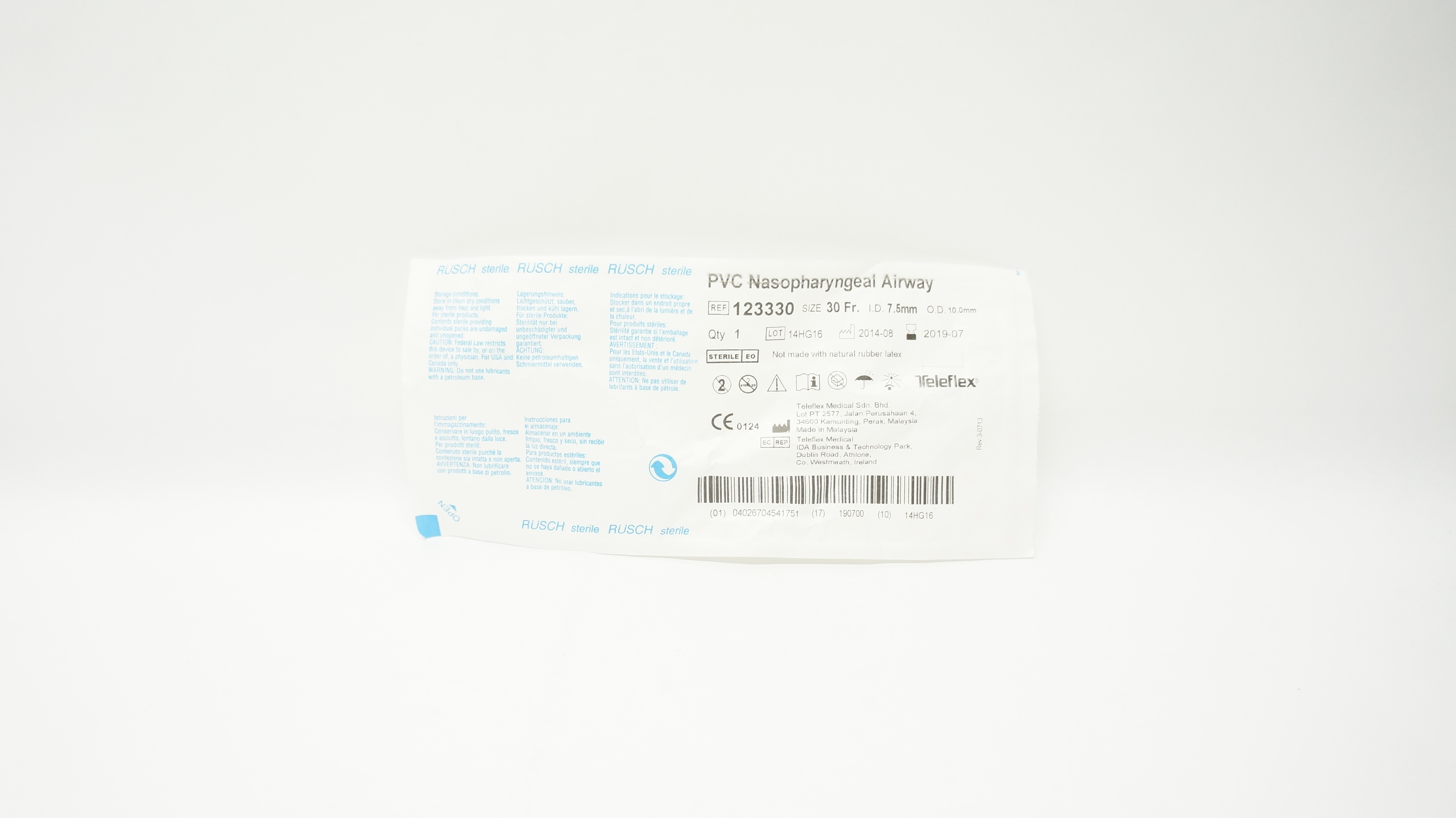 Teleflex 123330 Rusch PVC Nasopharyngeal Airway 30 Fr x 7.5mm ID x 10.0mm OD (x)
