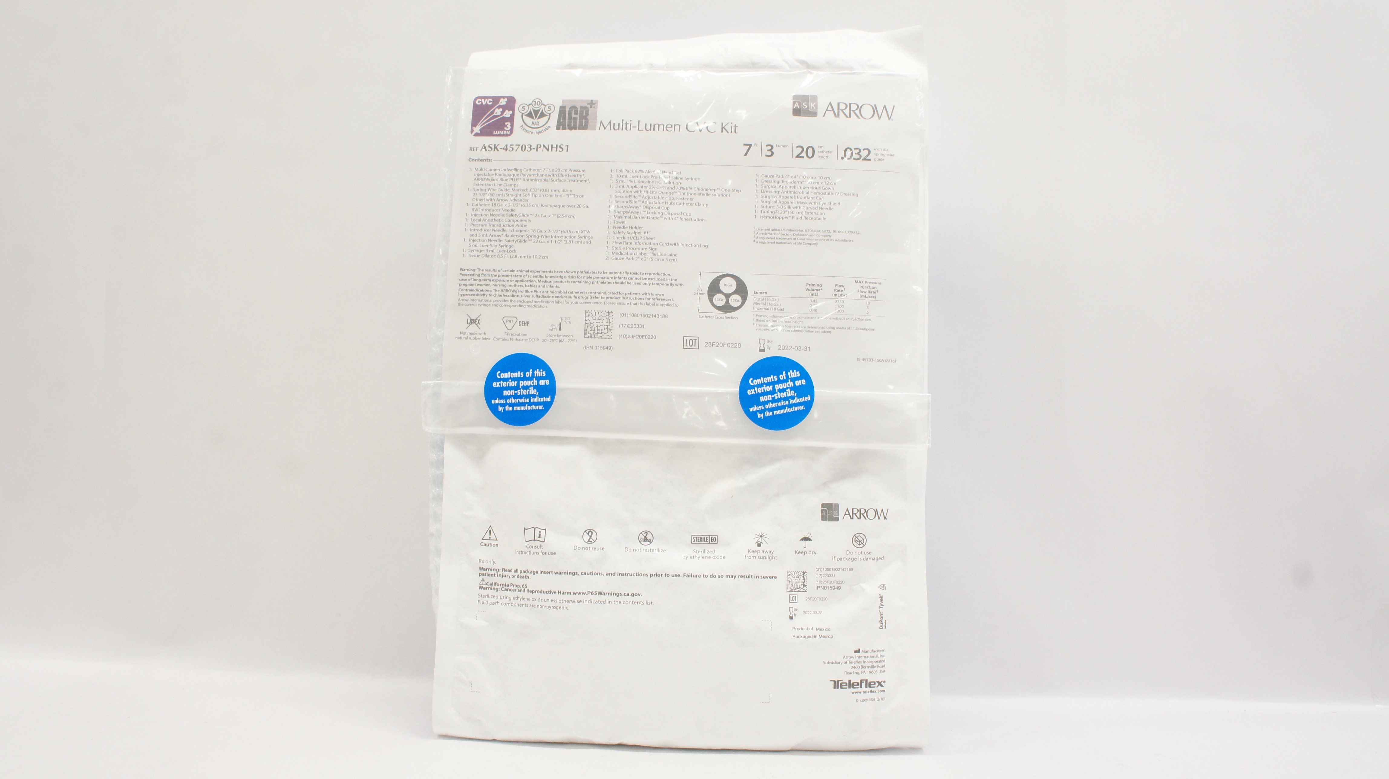 Arrow ASK-45703-PNHS1 AGB+ Multi-Lumen CVC Kit 7Fr x 20cm x .032inch (x)