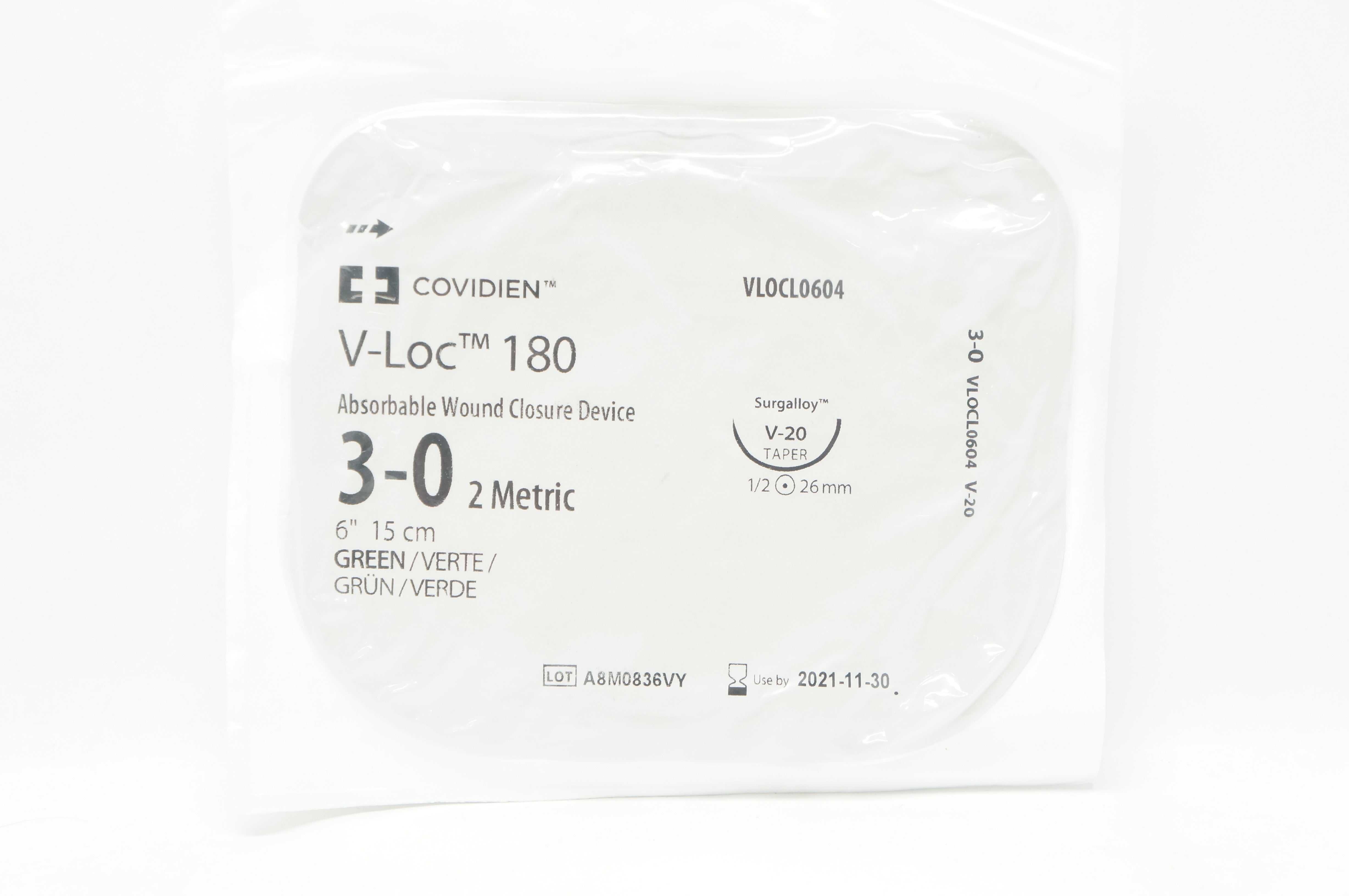 Covidien VLOCL0604, 3-0 V-Loc 180 Green V-20 26mm 1/2c Taper, 6inch