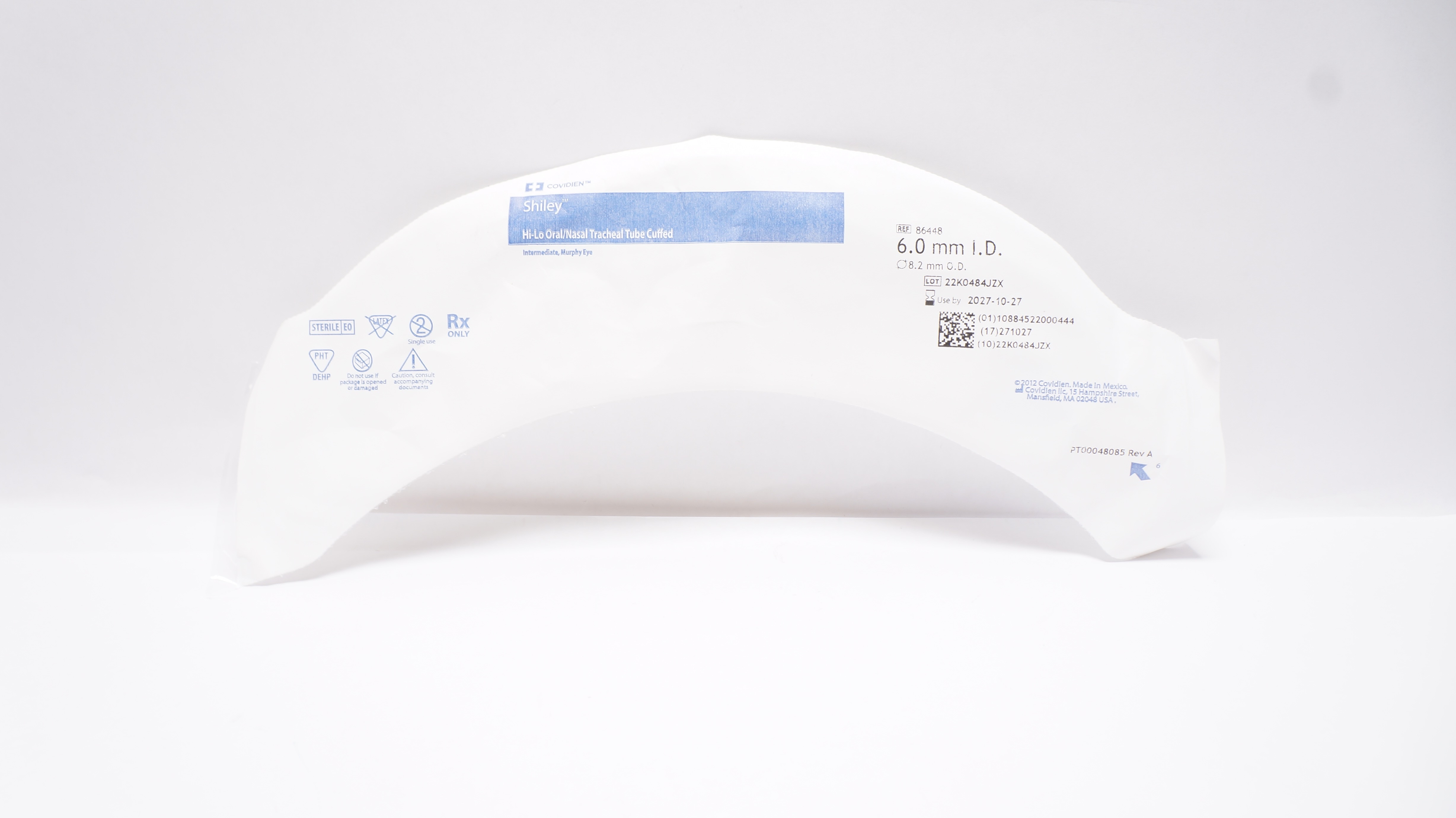 Covidien 86448 Shiley Hi-Lo Oral/Nasal Tracheal Tube Cuffed 6.0mm ID x 8.2mm OD