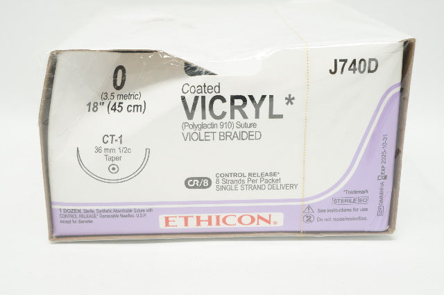 Ethicon J740D 0 Coated VICRYL CT-1 36mm 1/2c Taper 18inch - Box of 12