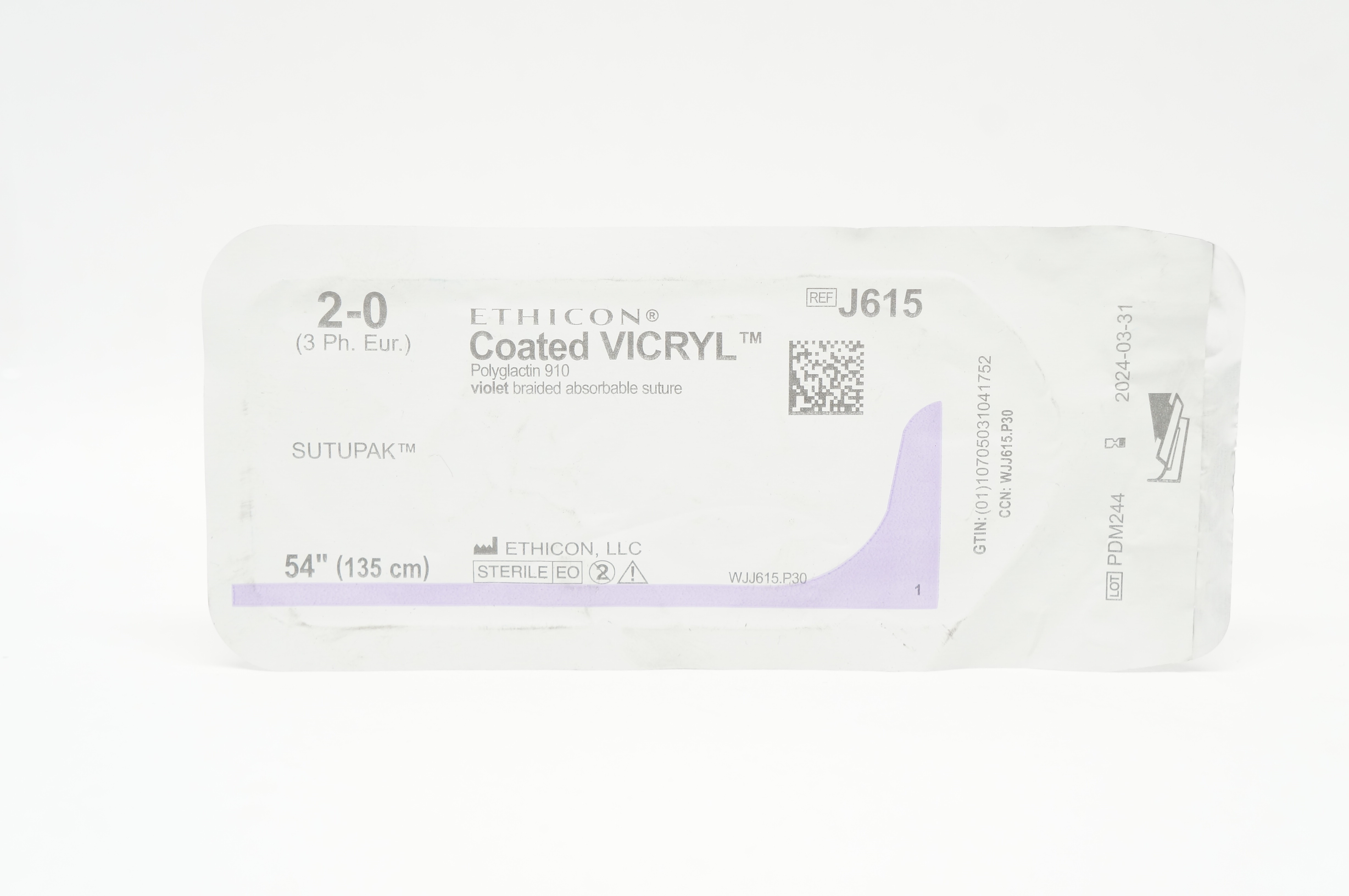 Ethicon J615 Sutupak 2-0 Coated VICRYL Violet Braided, 54inch