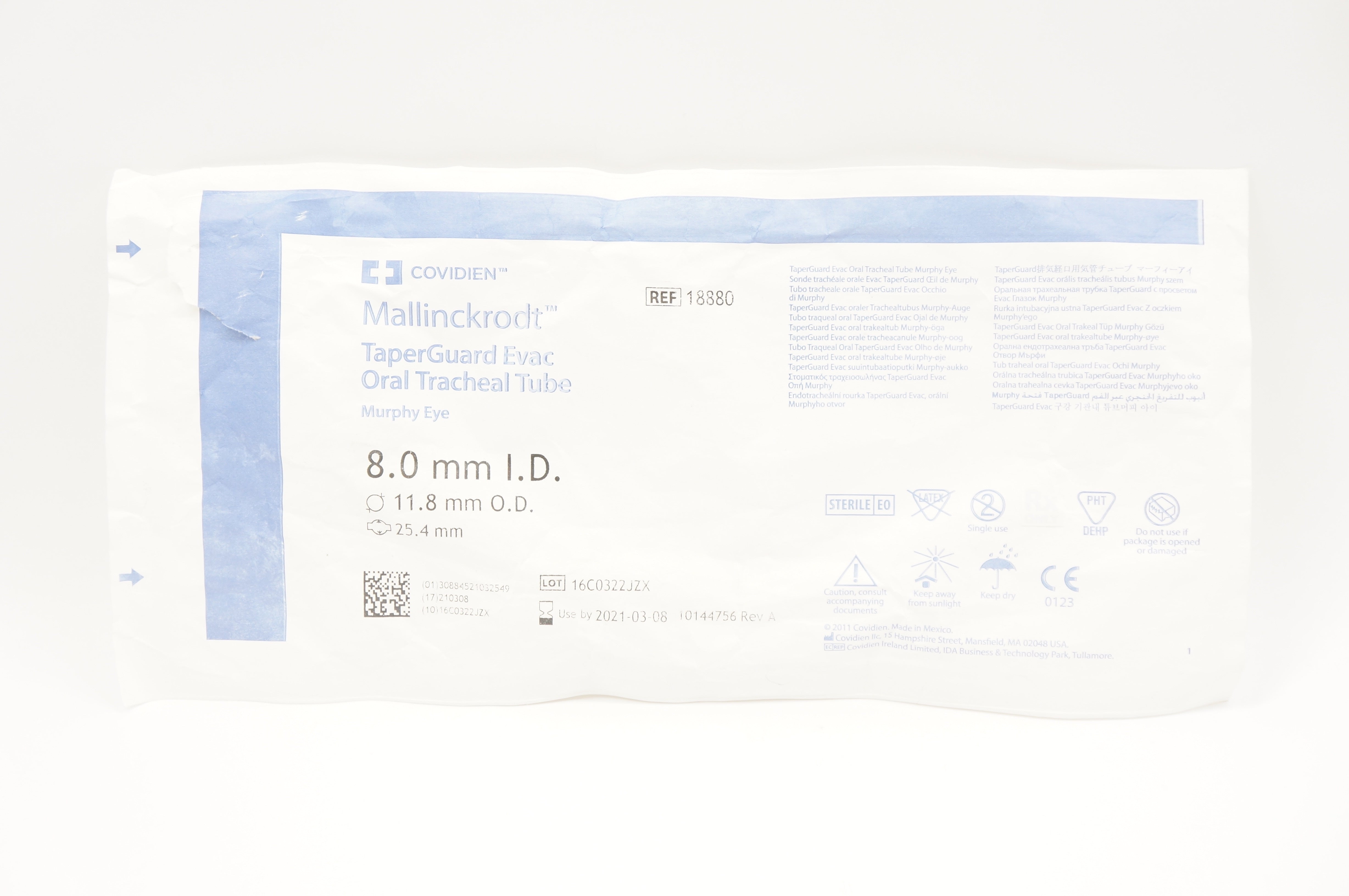 Covidien 18880 Mallinckrodt Taperguard Evac Oral Tracheal Tube, 8.0mm ID