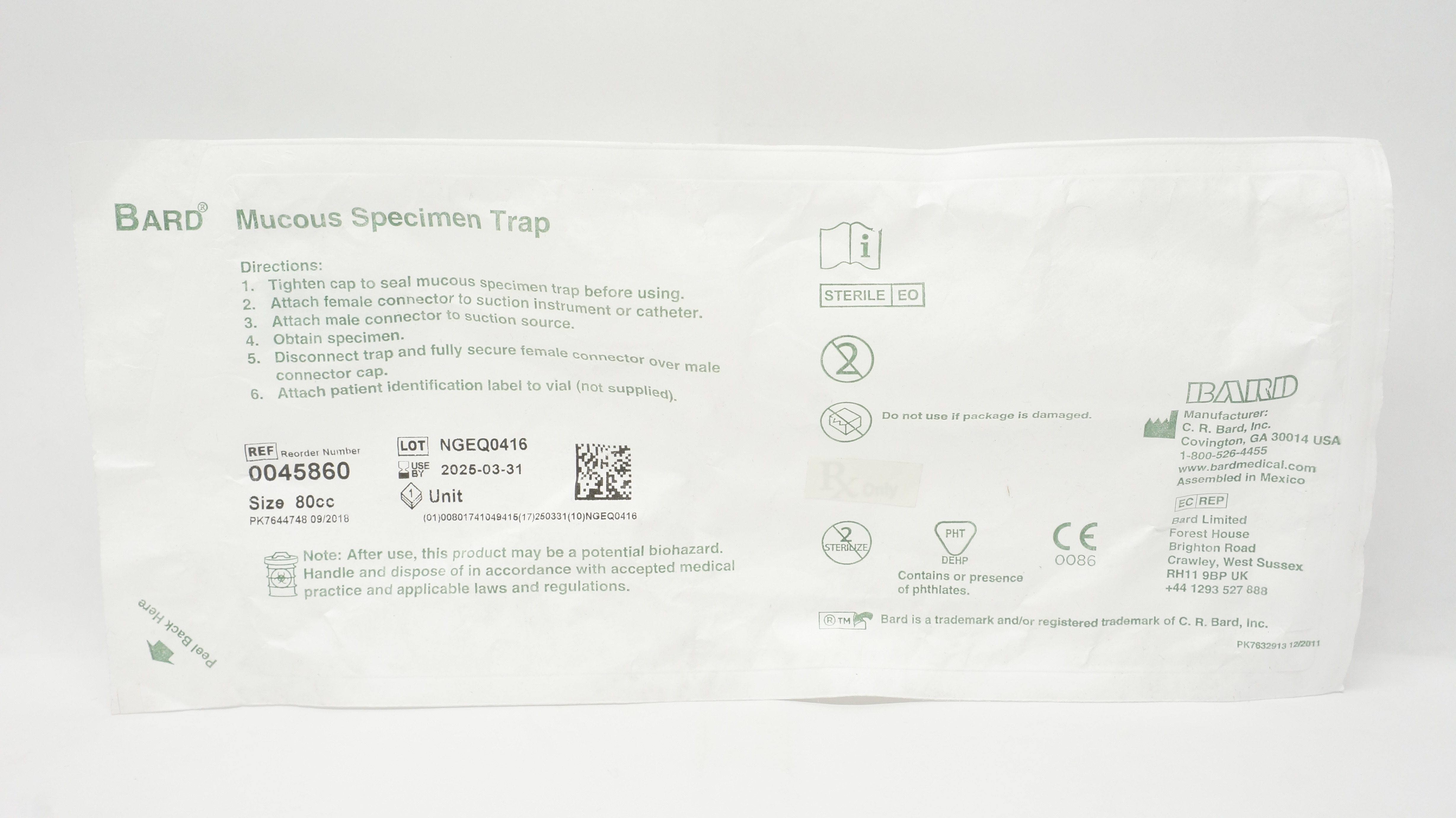 Bard 0045860 Mucous Specimen Trap 80 CC