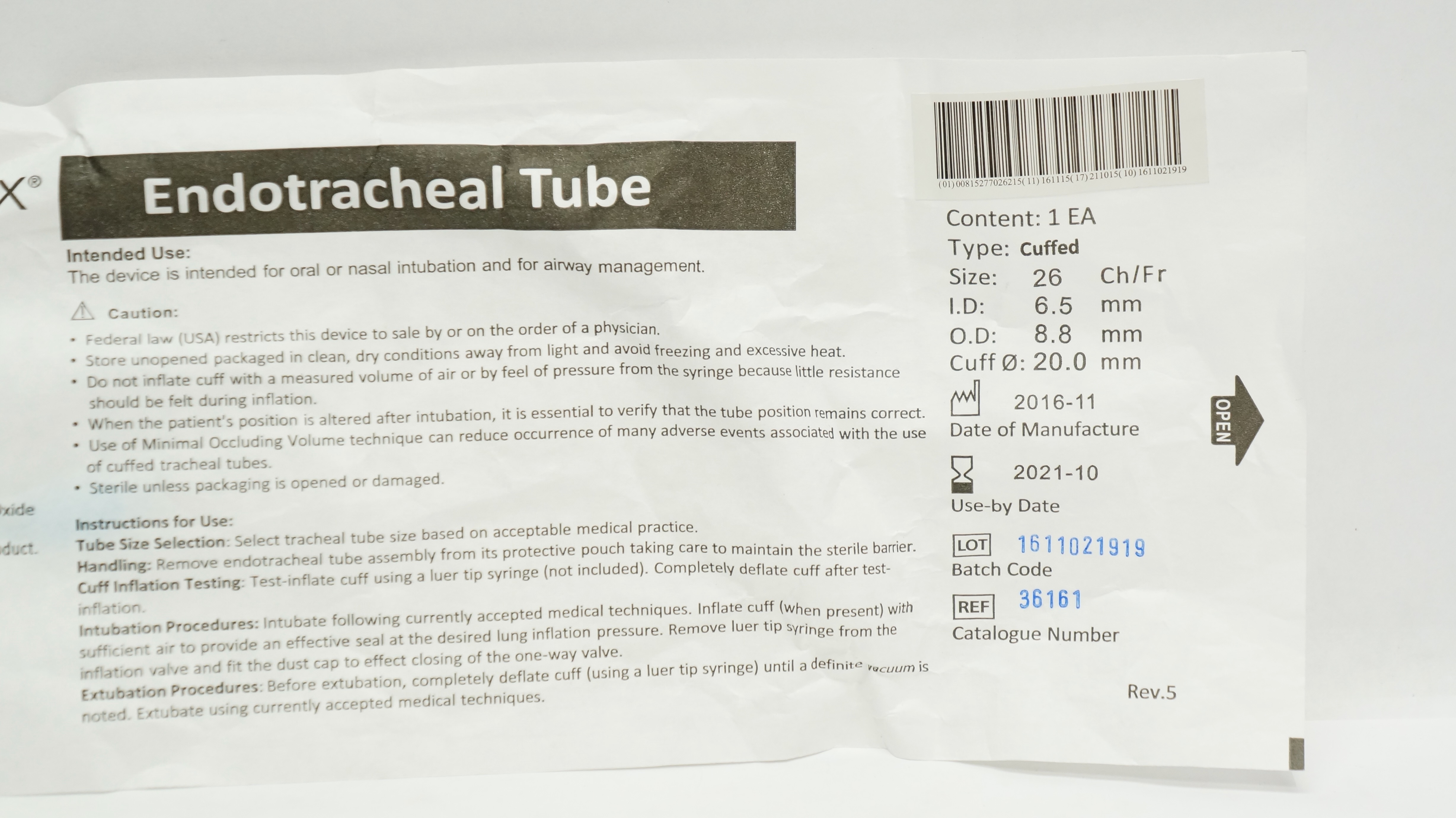 Curaplex 36161 Endotracheal Tube Cuffed 26Ch/Fr 6.5mm ID x 8.8mm OD x 20.0mm (x)