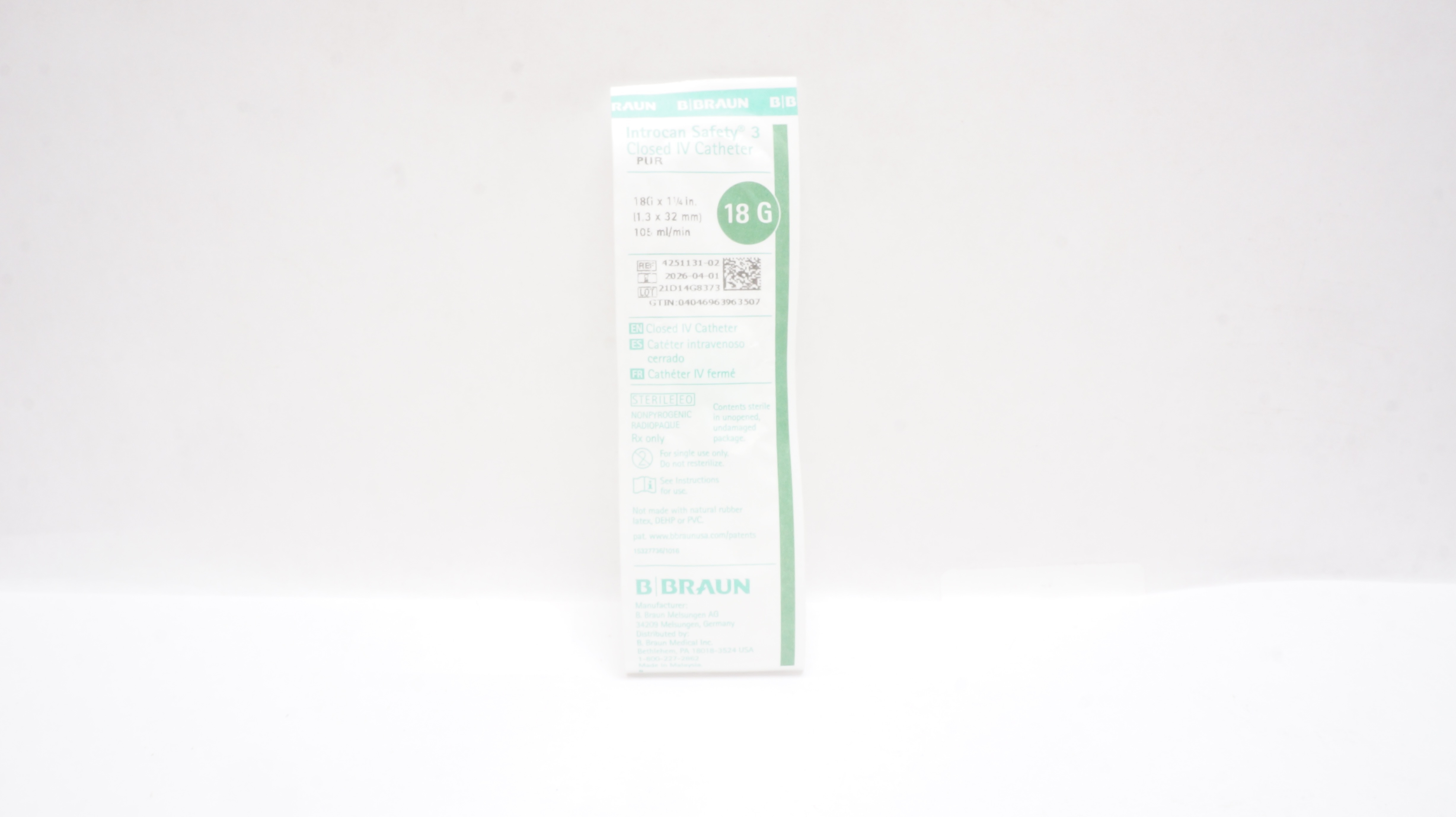 B.Braun 4251131-02 Introcan Safety 3 Closed IV Cath. 18G x 1-1/4inch 105ml/min