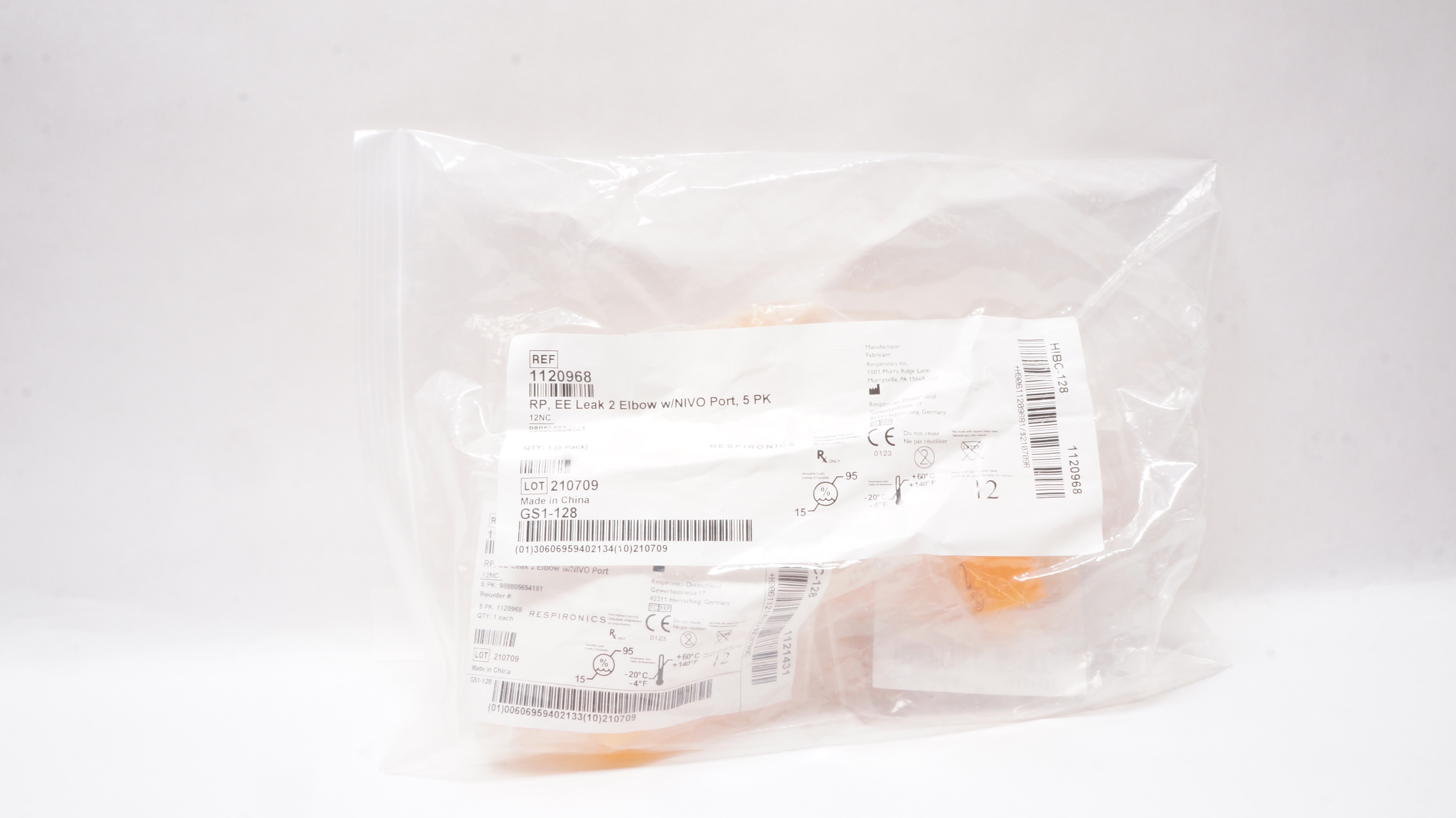 Respironics 1120968 RP EE Leak 2 Elbow w/NIVO Port 5Pk
