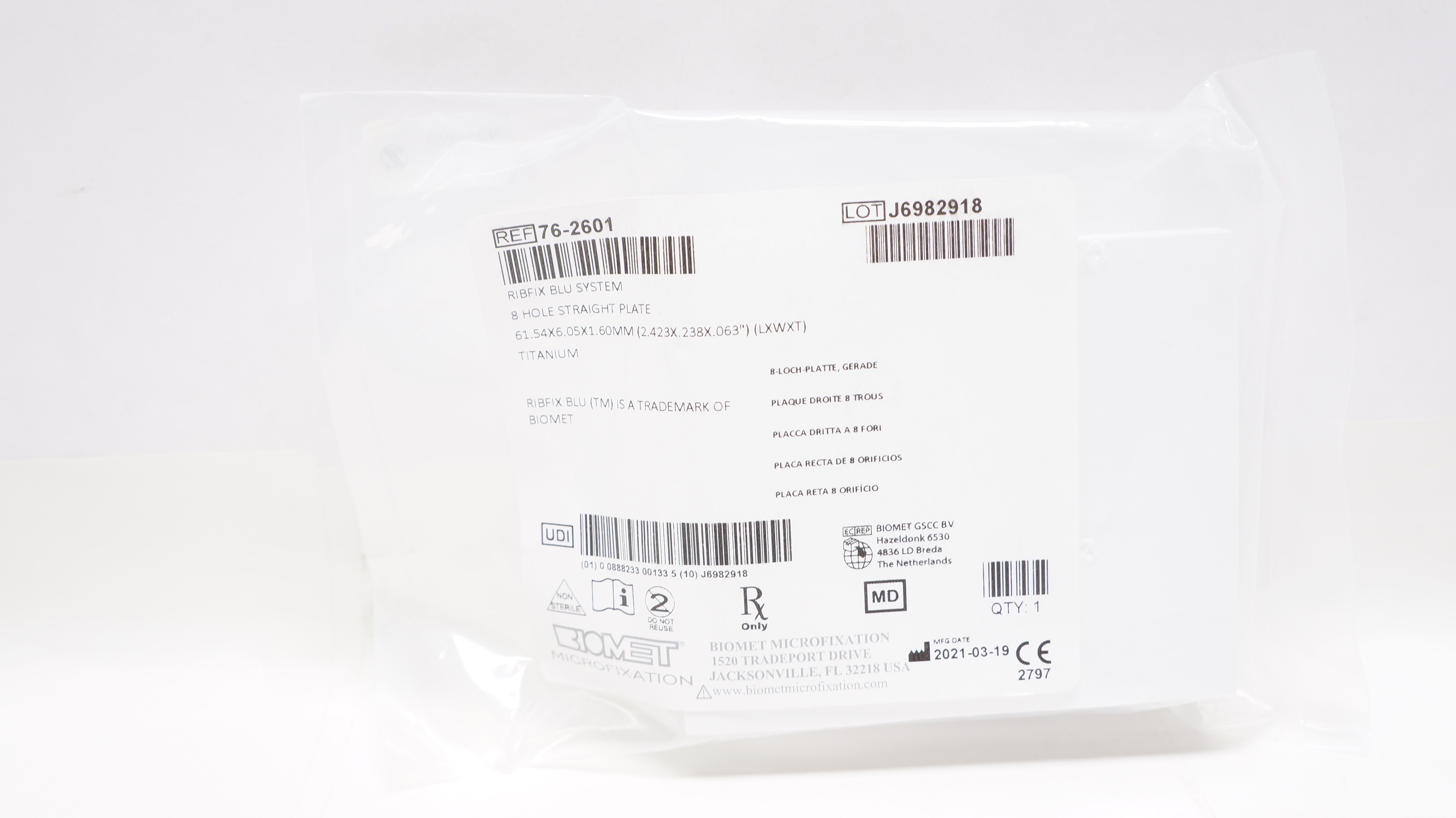 Biomet 76-2601 Ribfix Blu System Titanium 8Hole Plate 2.423 x .238 x ...