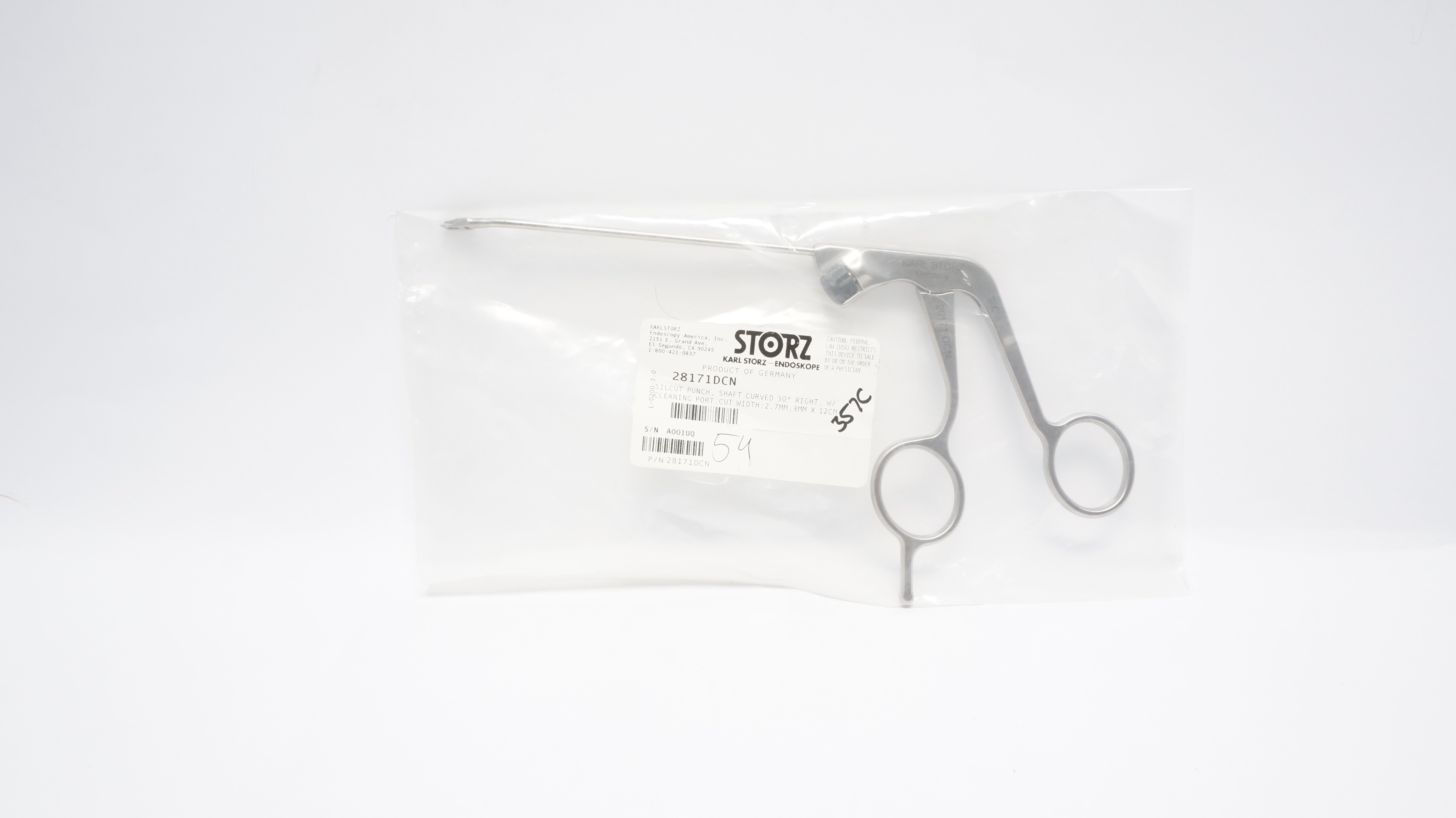 Karl Storz 28171DCN Silcut Punch, Shaft Curved 30 Degrees Right w/Cleaning Port