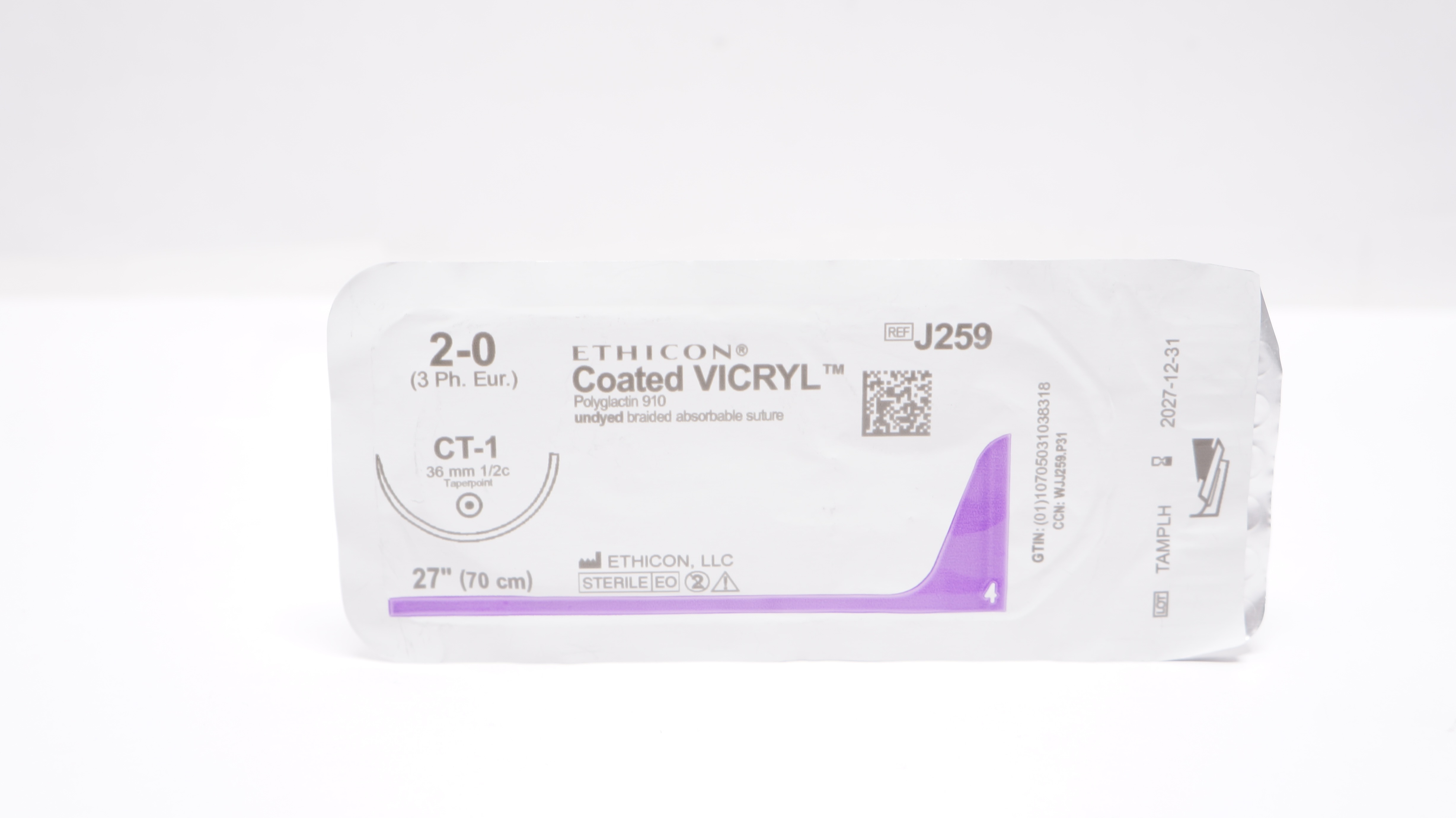 Ethicon J259 2-0 Coated VICRYL Stre CT-1 36mm 1/2c Taperpoint, 27inch