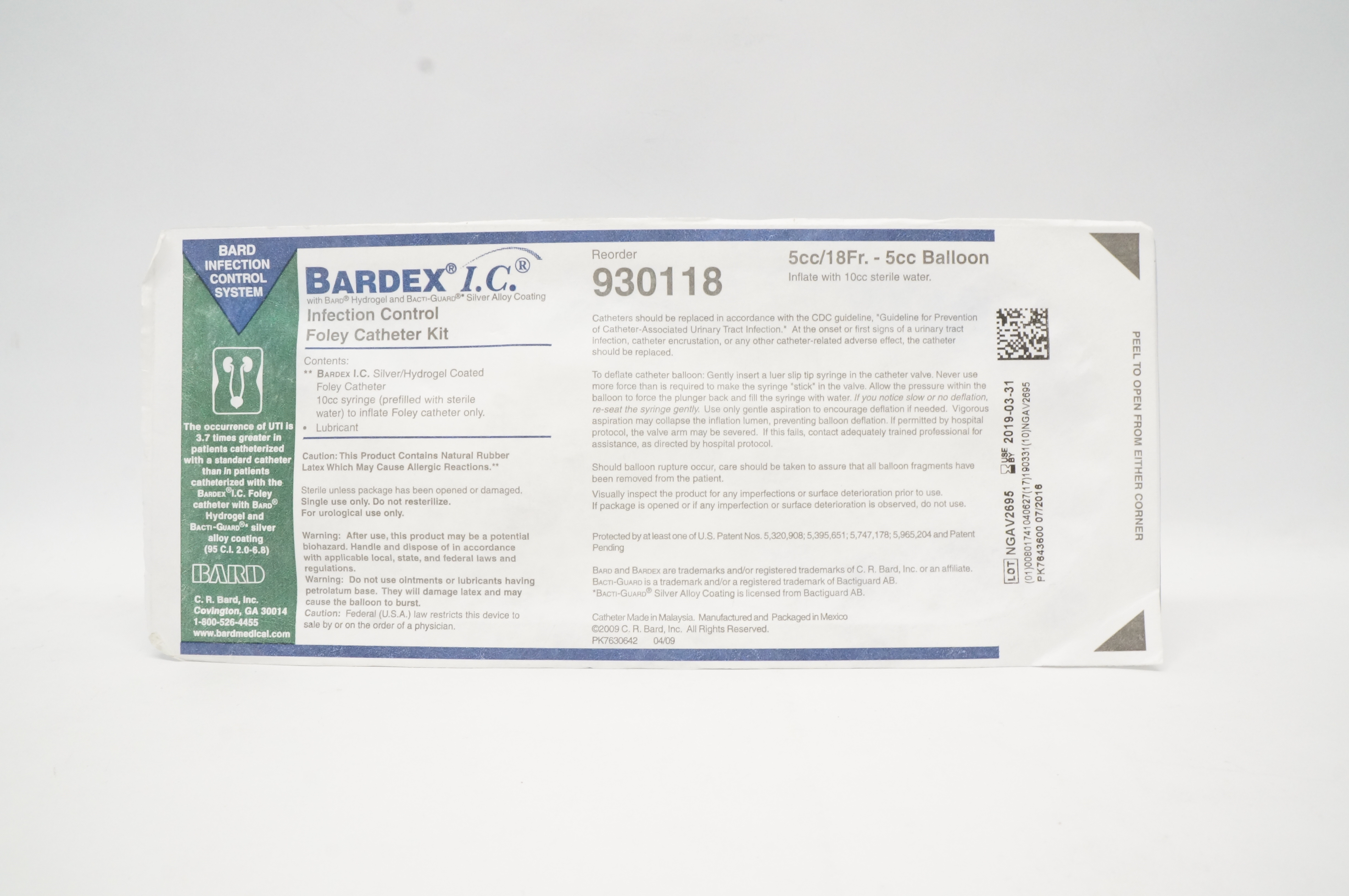 Bard 930118 Bardex I.C. Infection Control Foley Cath. Kit 5cc x 18Fr (x)