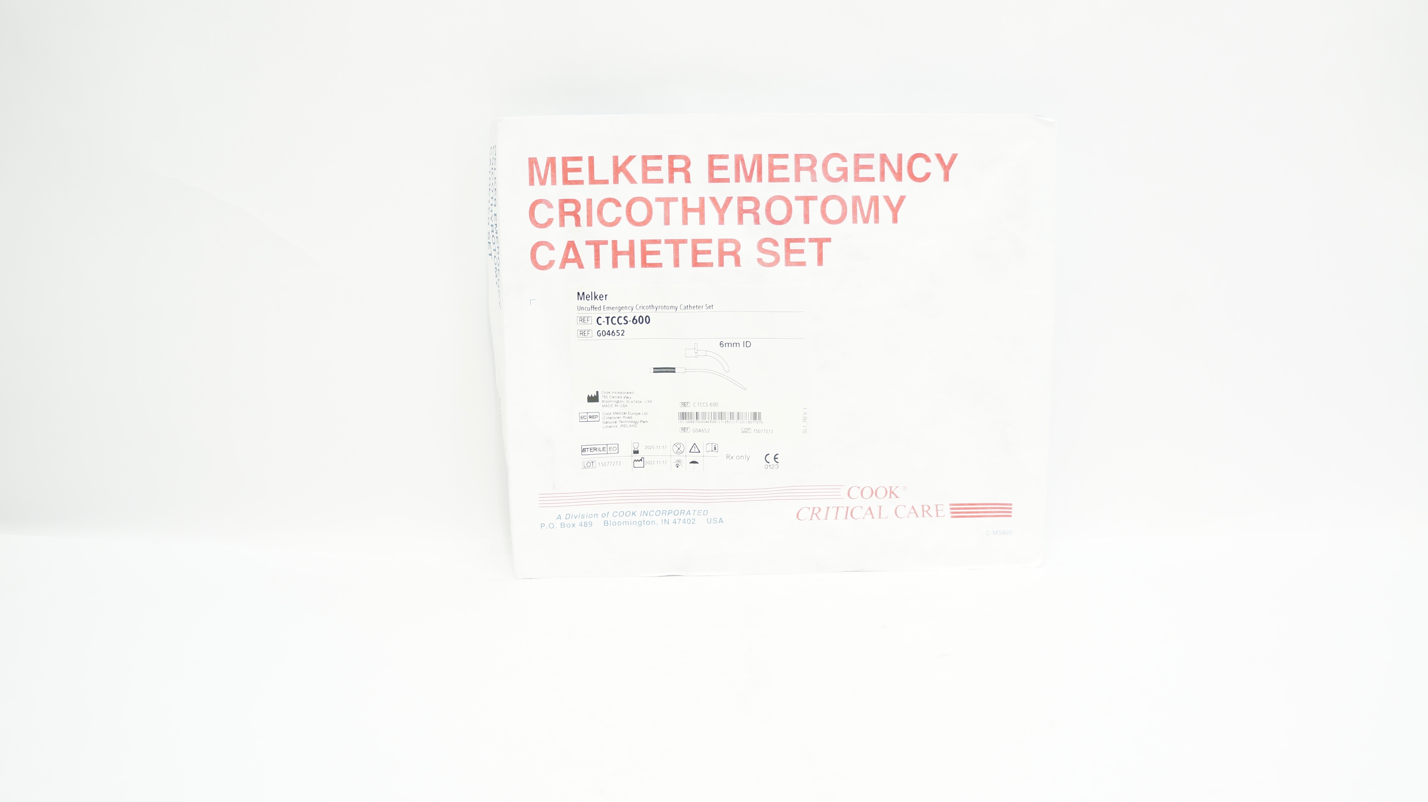 Cook Medical G04652 Melker Emergency Cricothyrotomy Cath. Set 6mm ID
