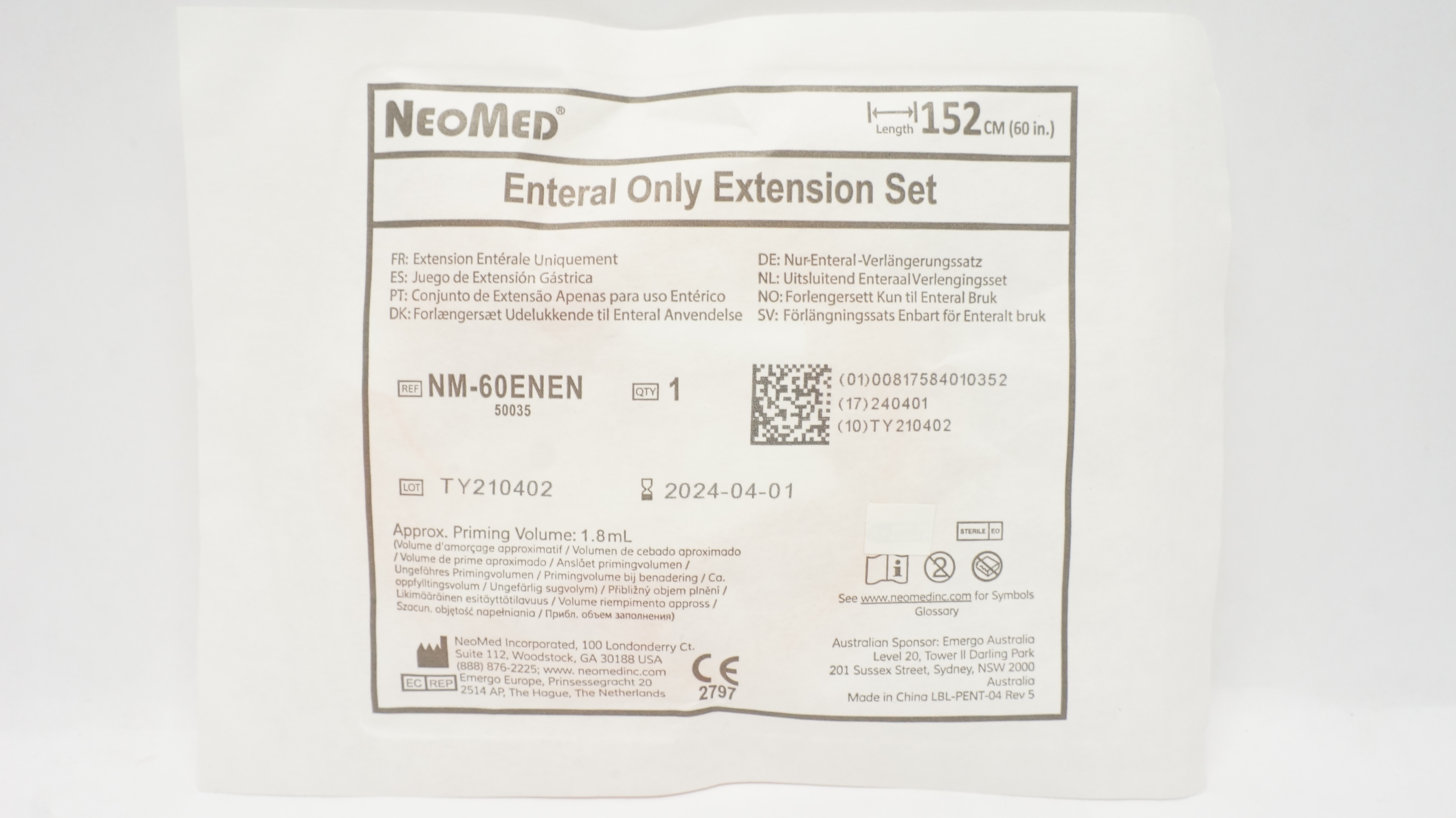 NeoMed NM-60ENEN Enteral Extension Set, Approx. Priming Volume 1.8mL x 60 inch