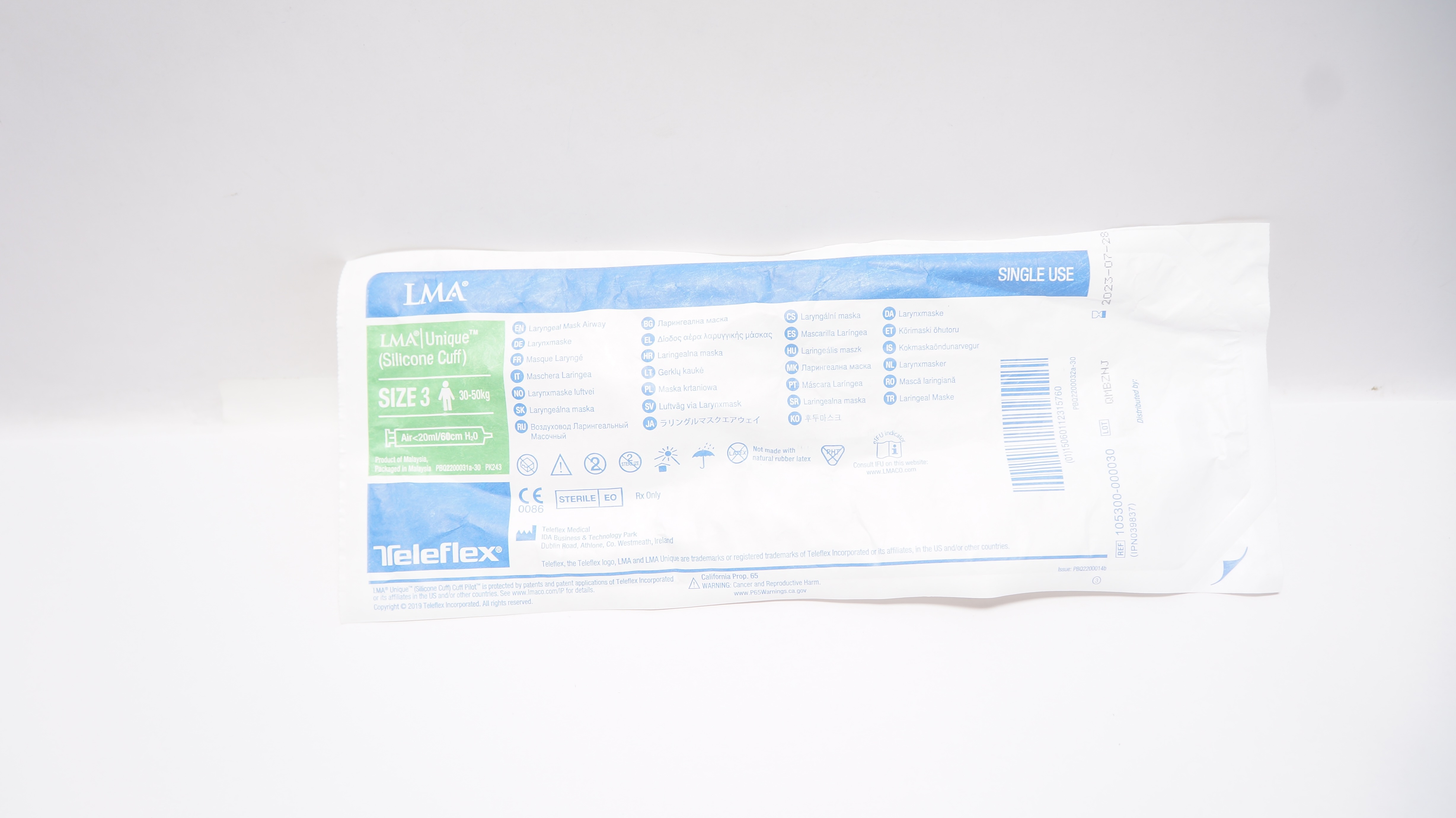 Teleflex 105300-000030 Laryngeal Mask Airway, Size 3 30-50kg <20ml/60cm H2O (x)
