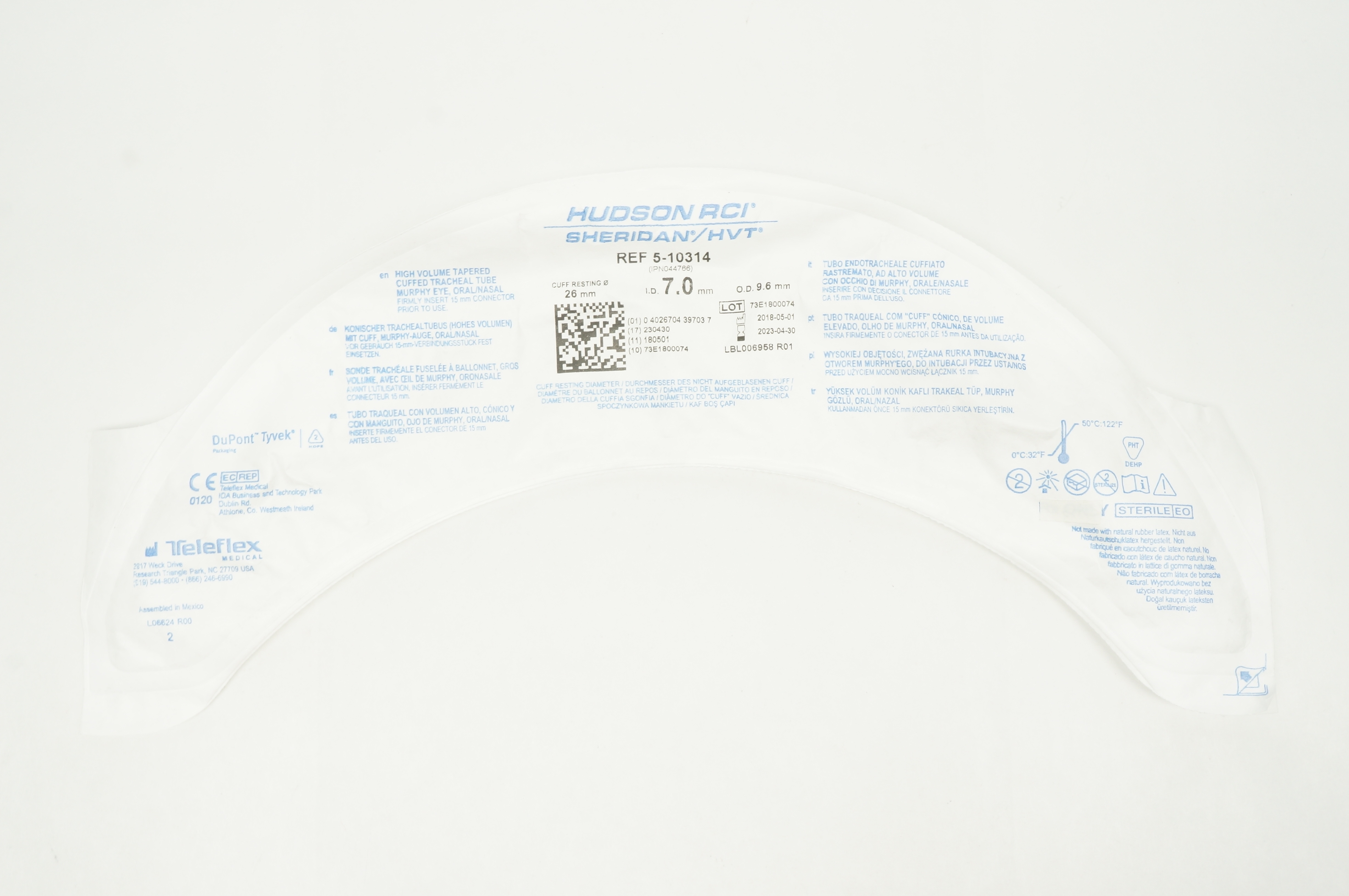 Teleflex 5-10314 Hudson RCI Sheridan HVT Cuffed Tracheal Tube 7.0 x 9.6 x 26mm