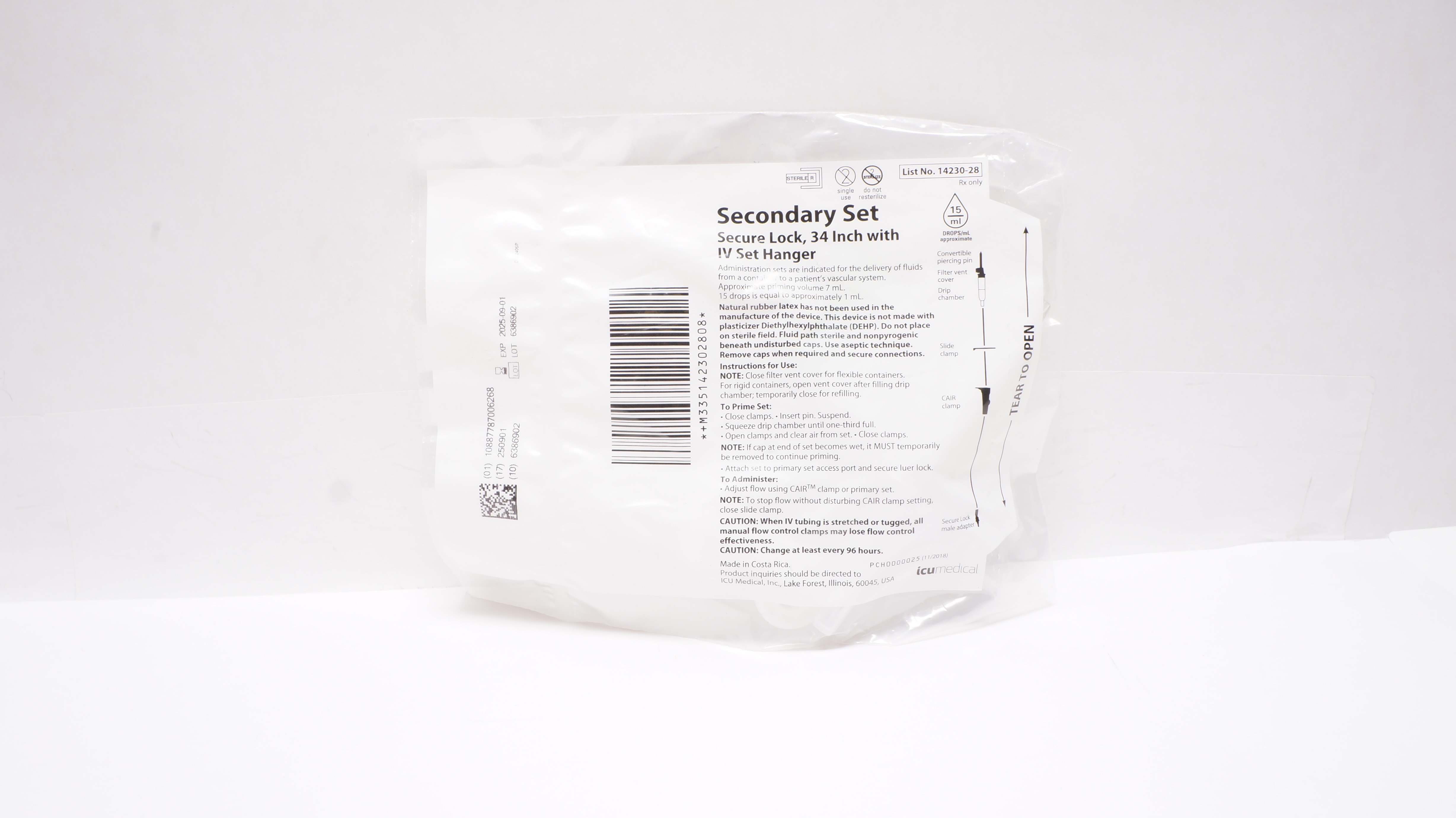 ICUMedical 14230-28 Secondary Set Secure Lock 34inch w/IV Set Hanger 15 Drops/mL