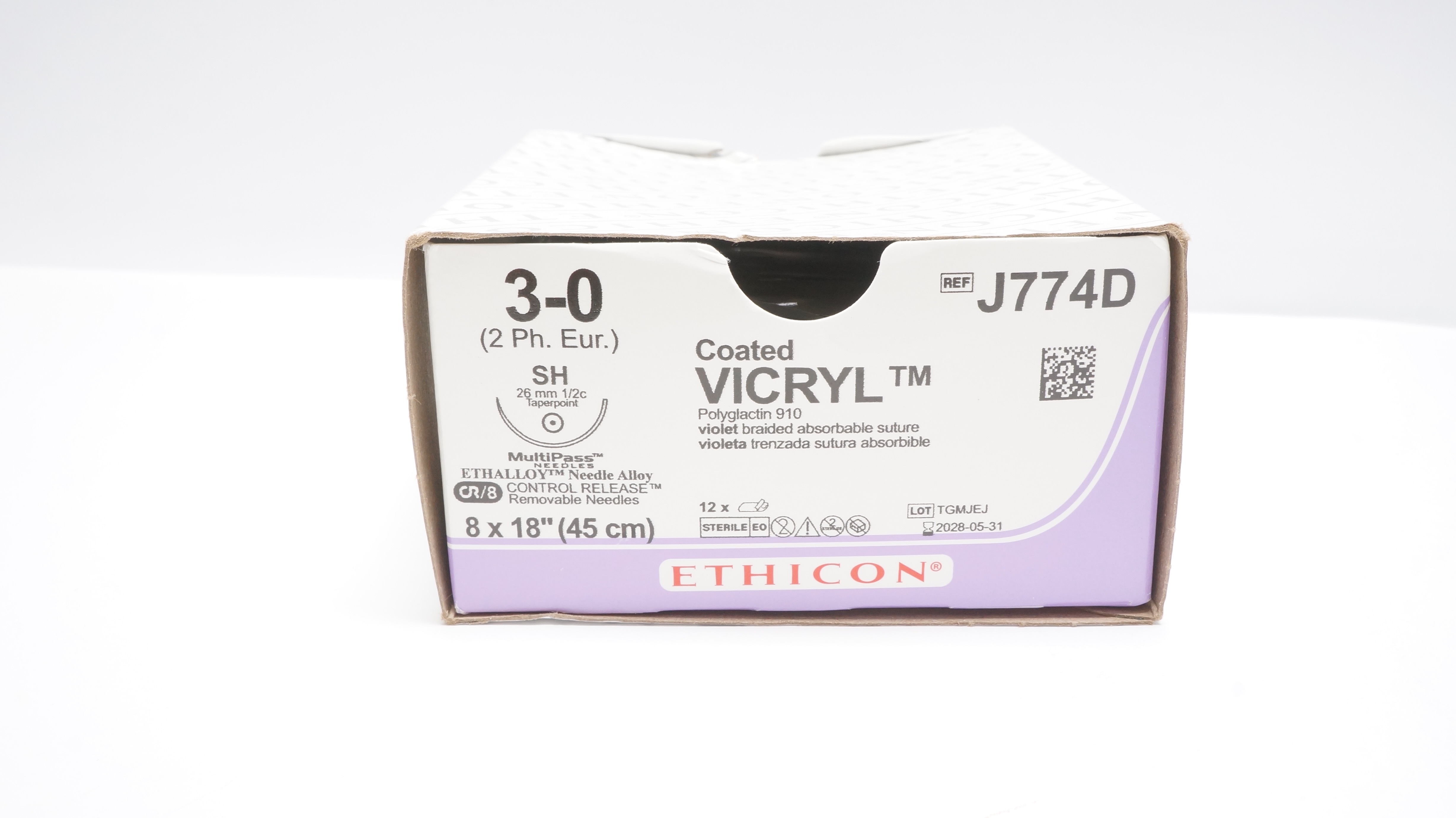 Ethicon J774D 3-0 Coated VICRYL SH 26mm 1/2c Taper 18 in CR/8  - Box of 11