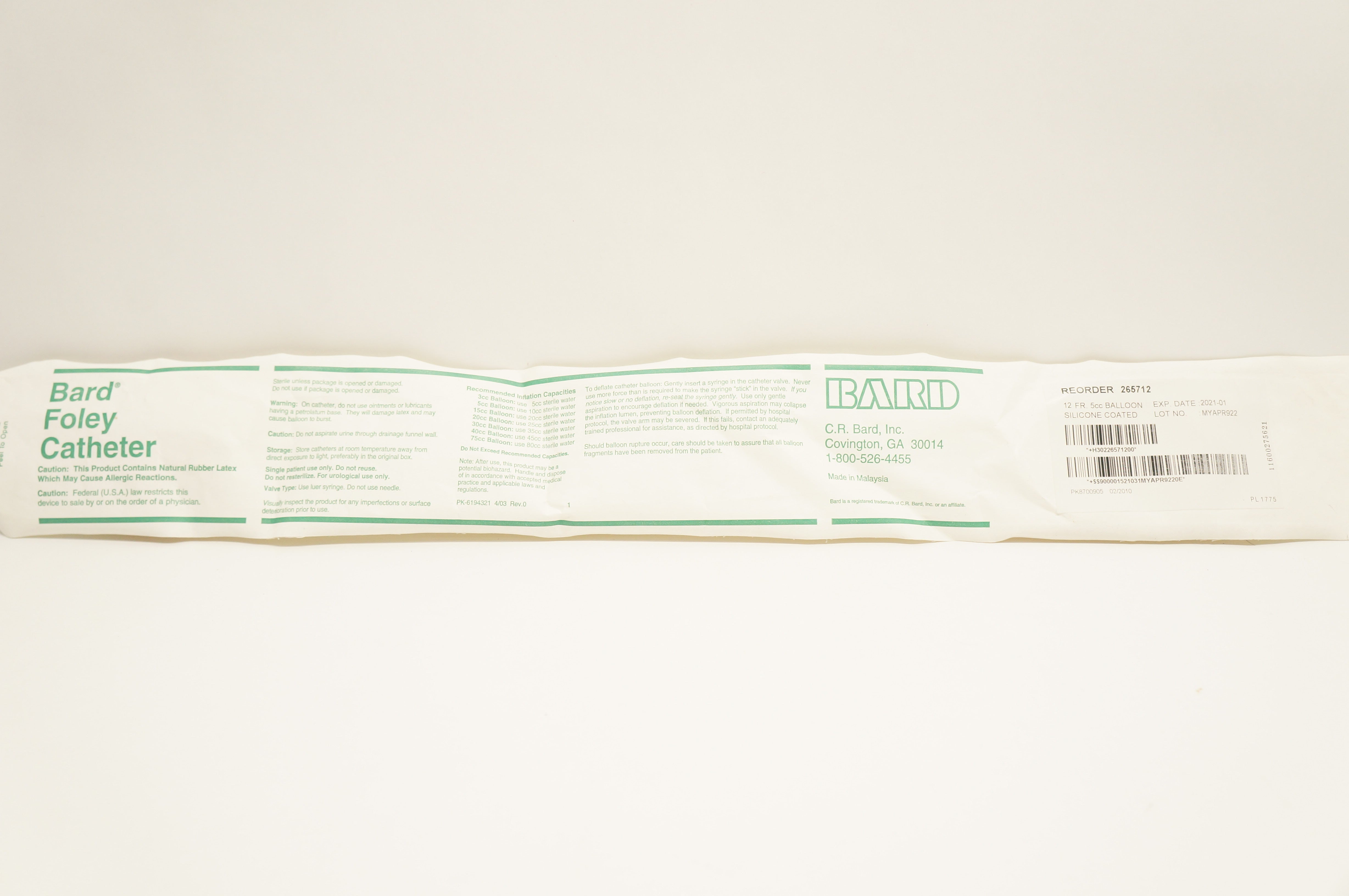 Bard 265712 Foley Catheter 12Fr 5cc Balloon Silicone Coated (x)