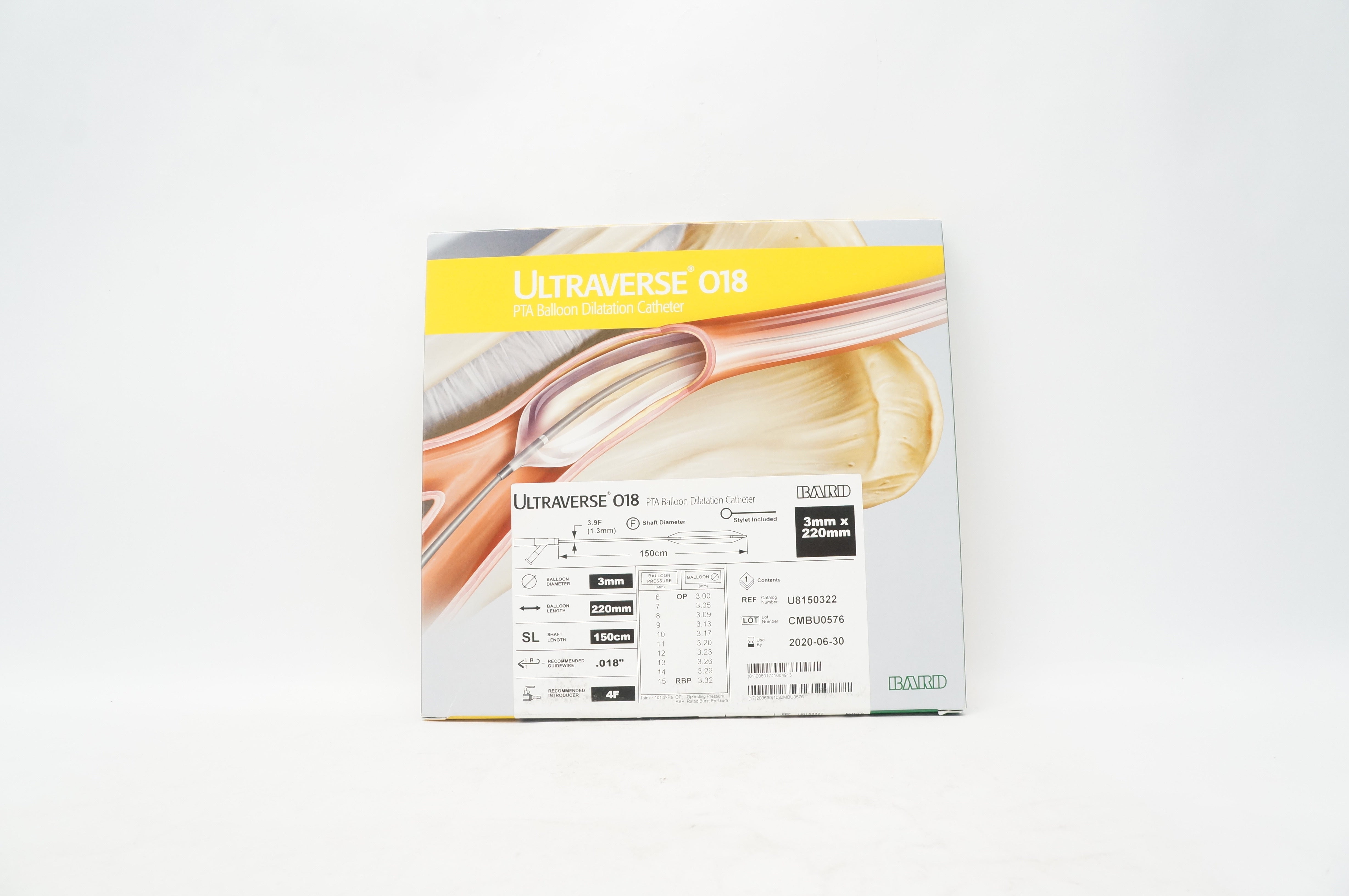 Bard U8150322 Ultraverse 018 PTA Balloon Dilatation Catheter 3mm x 220mm (x)