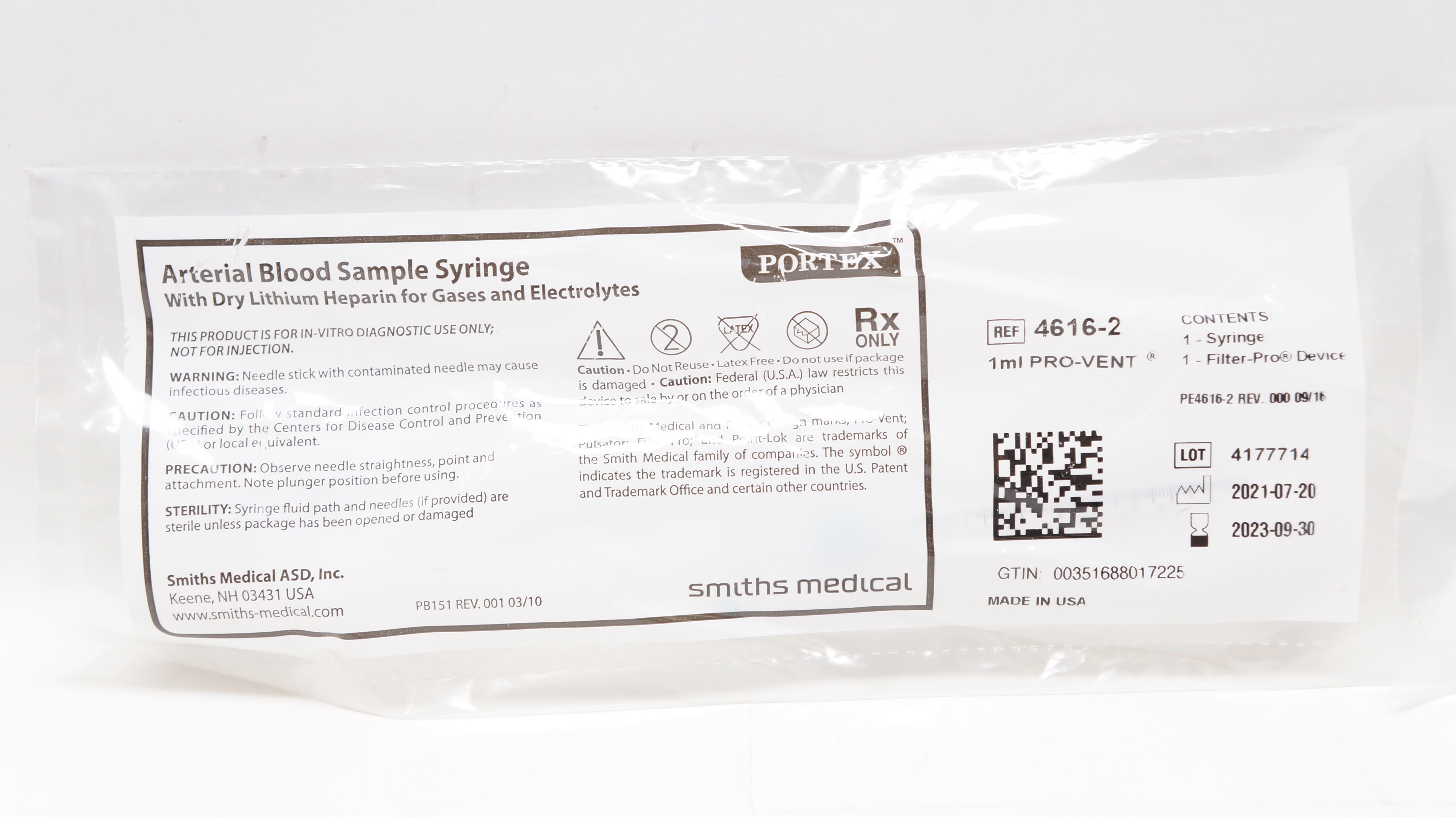 Smiths Medical 4616-2 PORTEX Arterial Blood Sample Syringe 1ml (x)