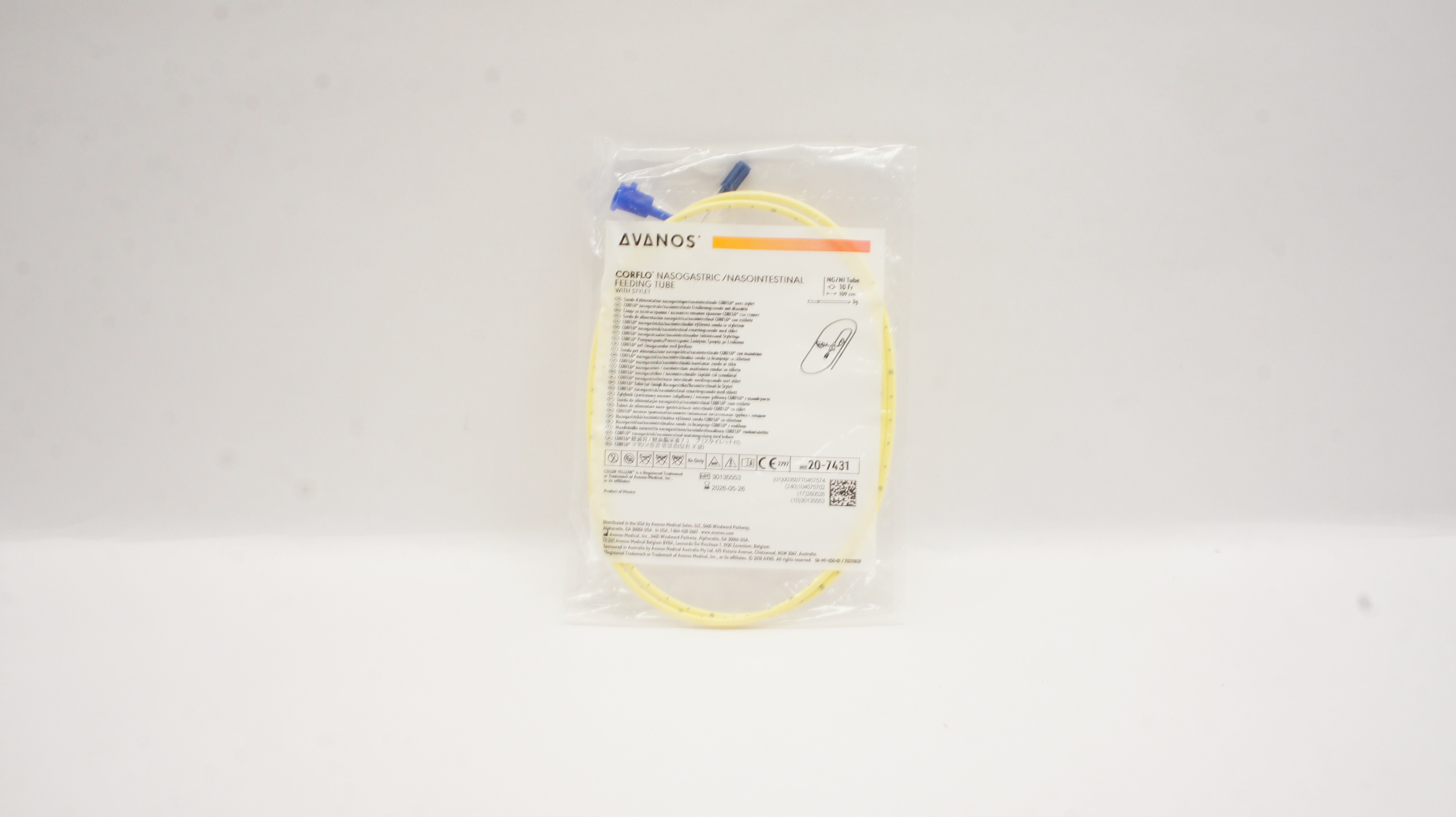 Avanos 20-7431 Corflo NG/NI Feeding Tube w/Stylet 10Fr x 109cm