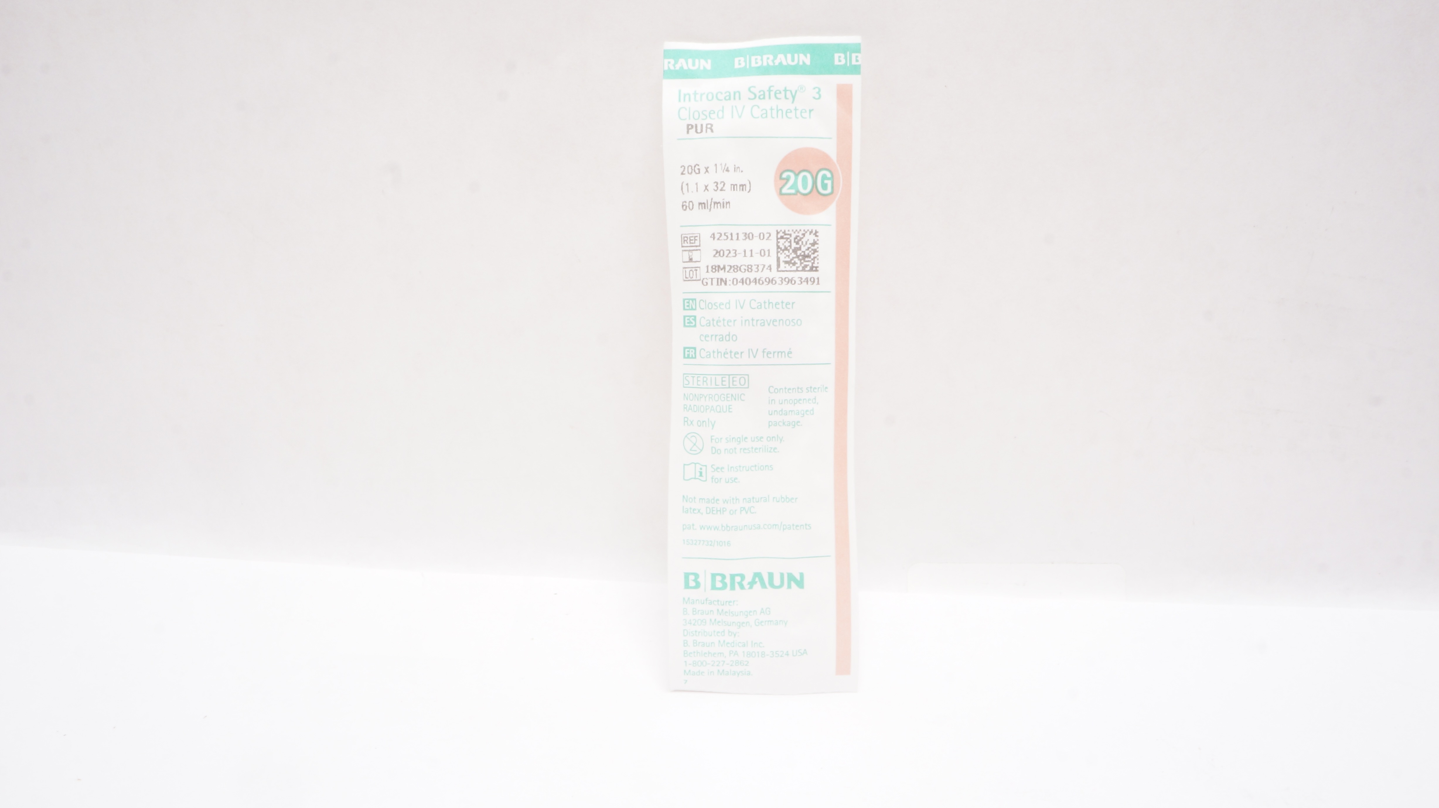 Braun 4251130-02 Introcan Safety 3 Closed IV Cath. Pur 20Ga. x 1 1/4In 60ml