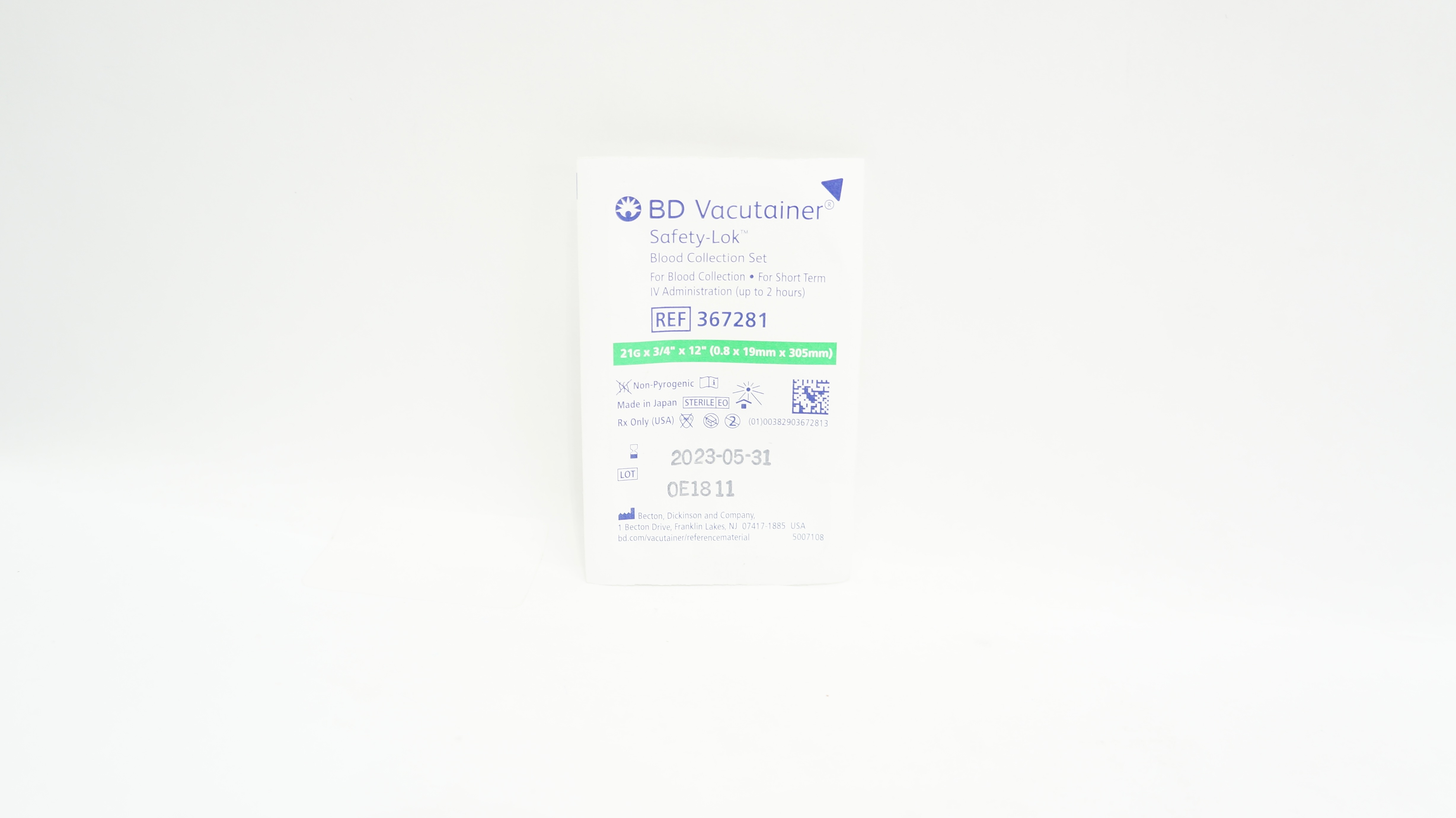 BD 367281 Vacutainer Safety-Lok Blood Collection Set 21G x 3/4inch x 12inch (x)