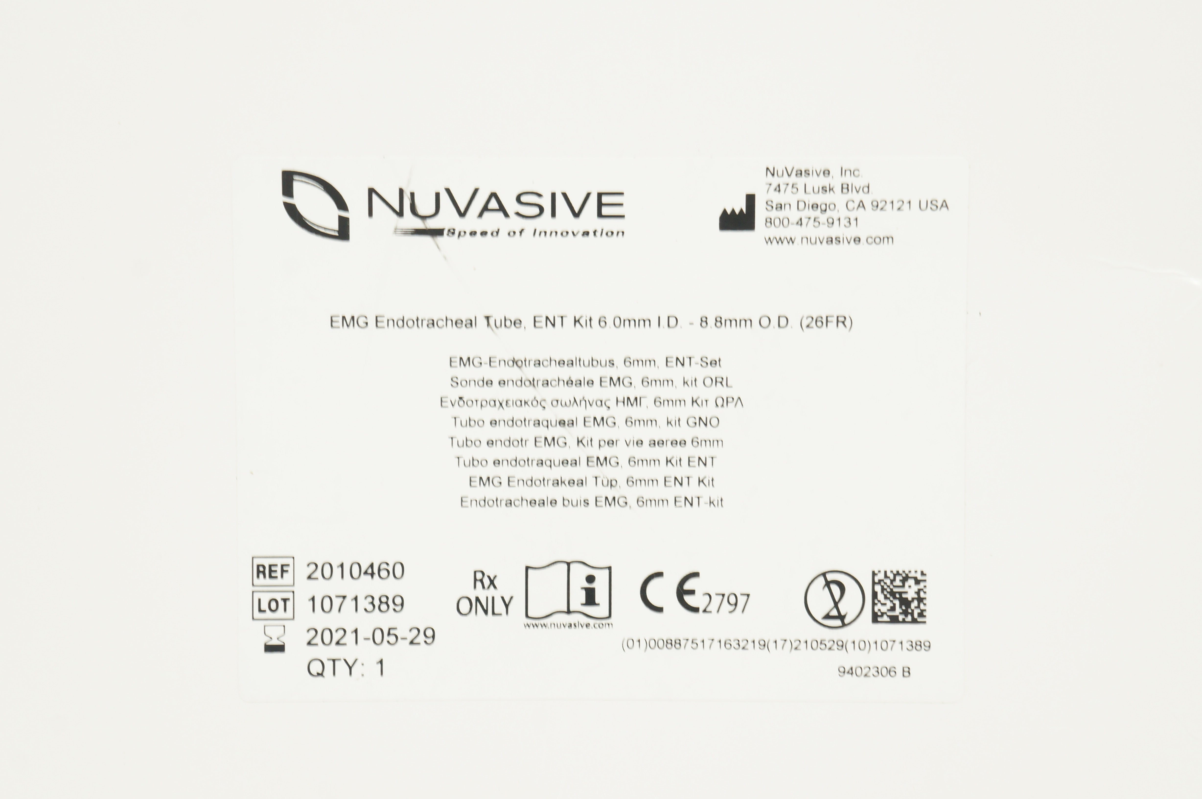 NuVasive 2010460 EMG Endotracheal Tube, ENT Kit 6.0mm ID x 8.8mm OD (x)